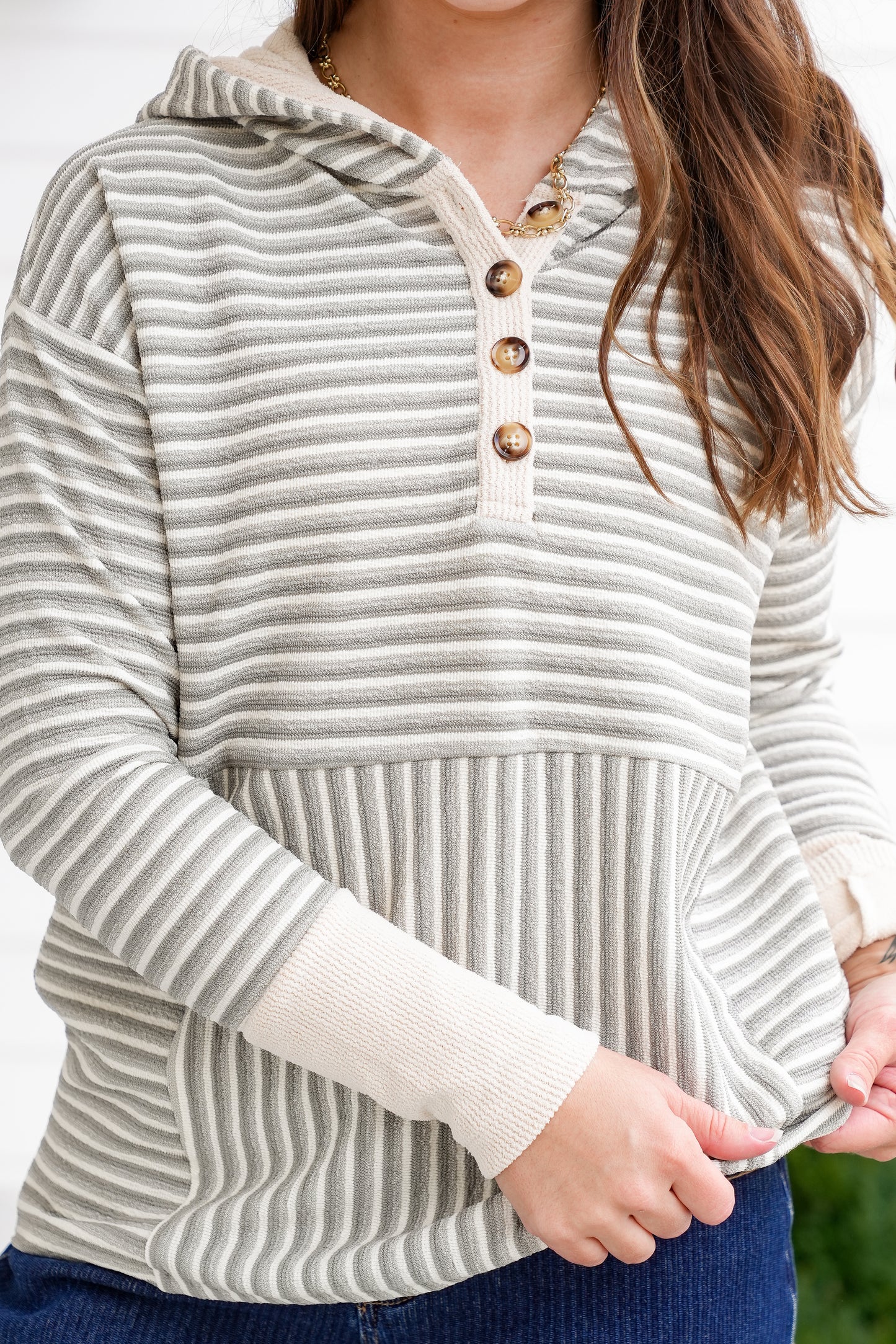 Stripe Long Sleeve Button Up Hooded Top