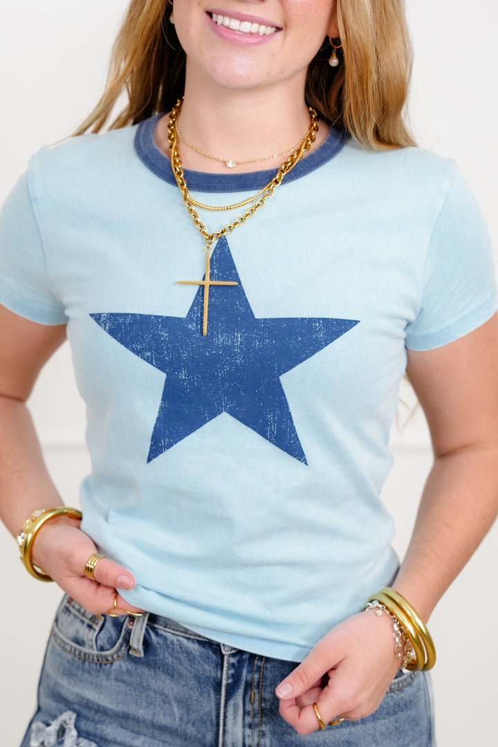 Blue Short Sleeve Star Print Top