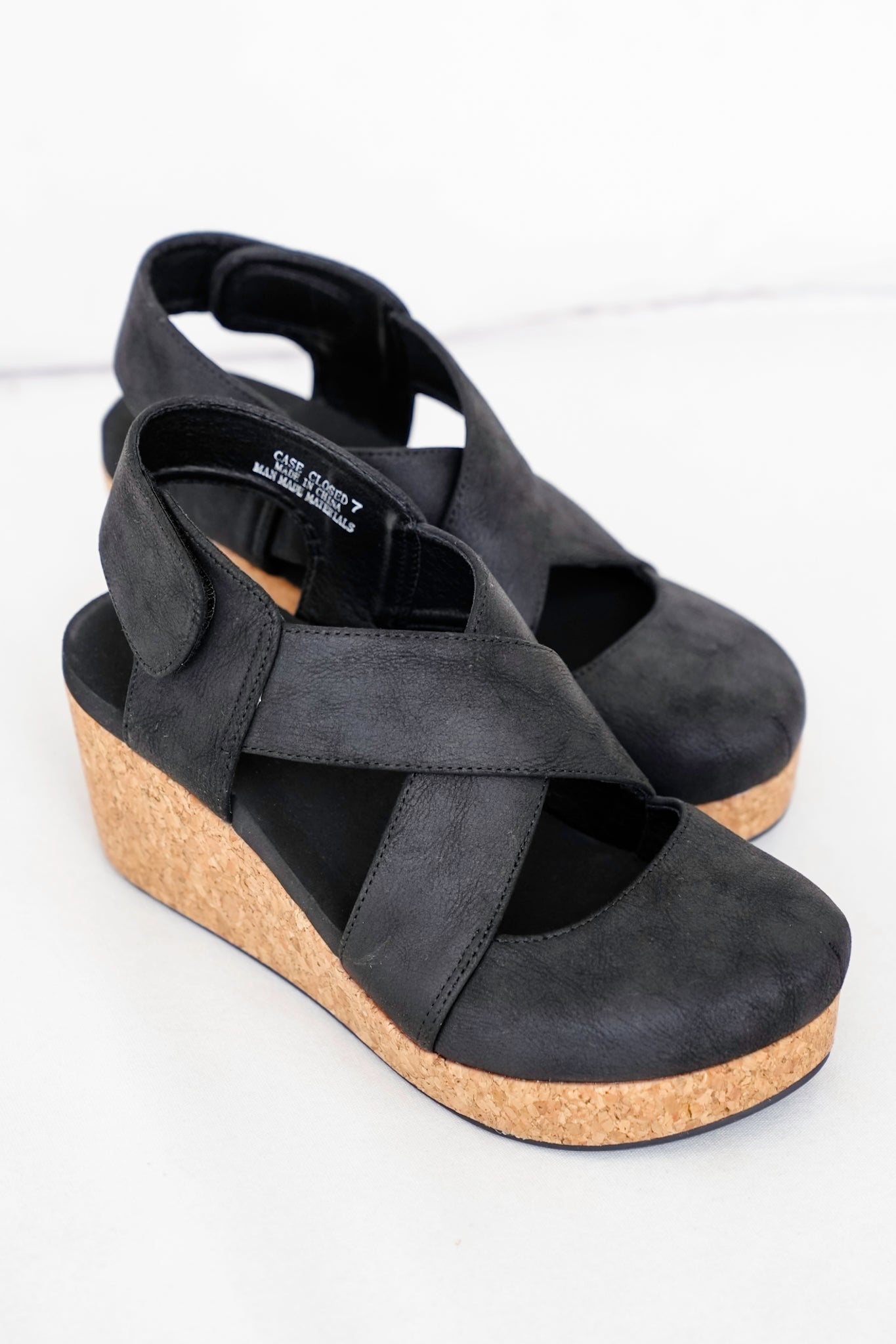 Corky's "Case Closed" Vegan Crisscross Wedge Sandal with Cork Platform and Adjustable Strap
