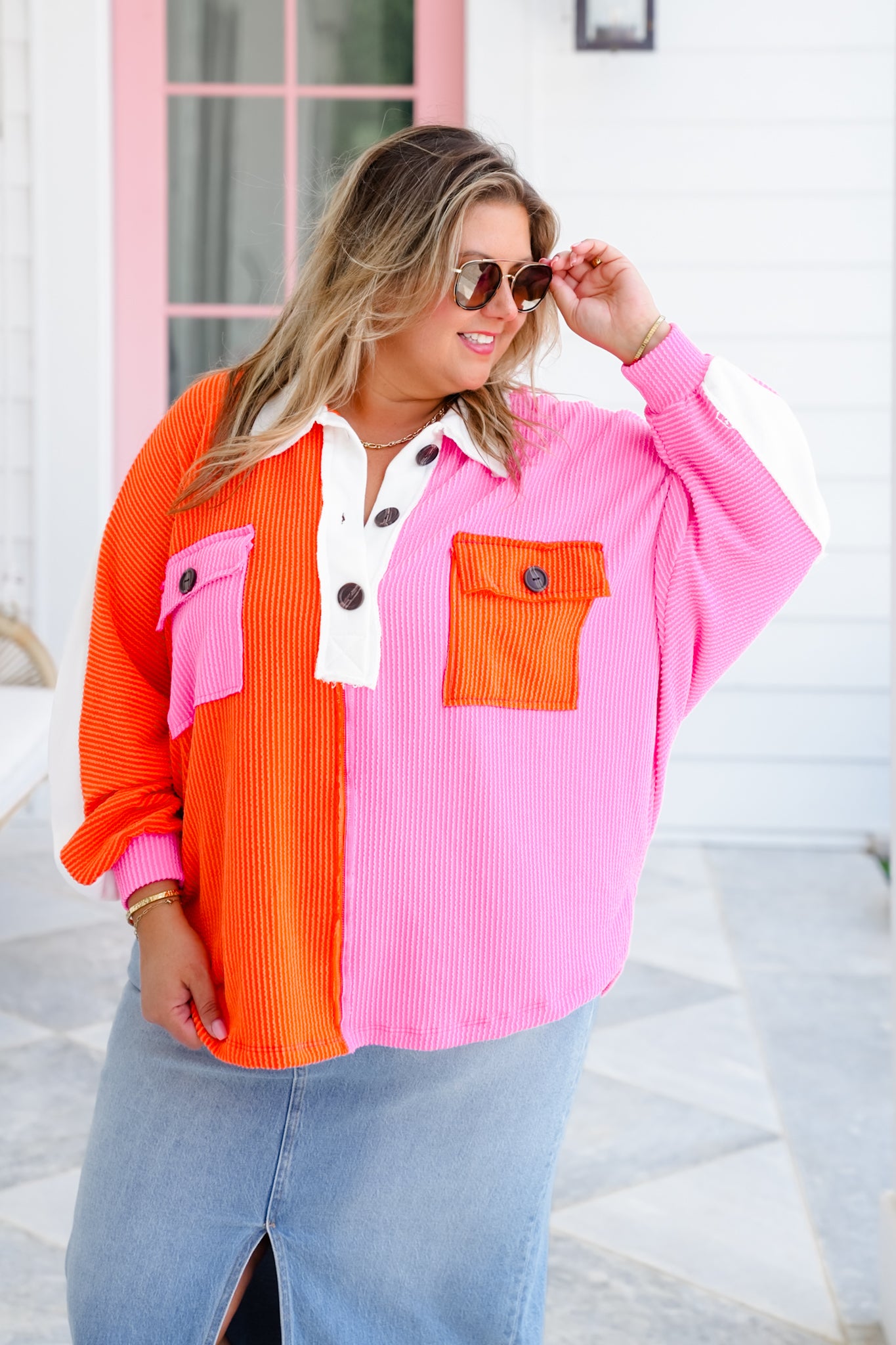 Urban Ribbed Color Block Long Sleeve Button Up Top