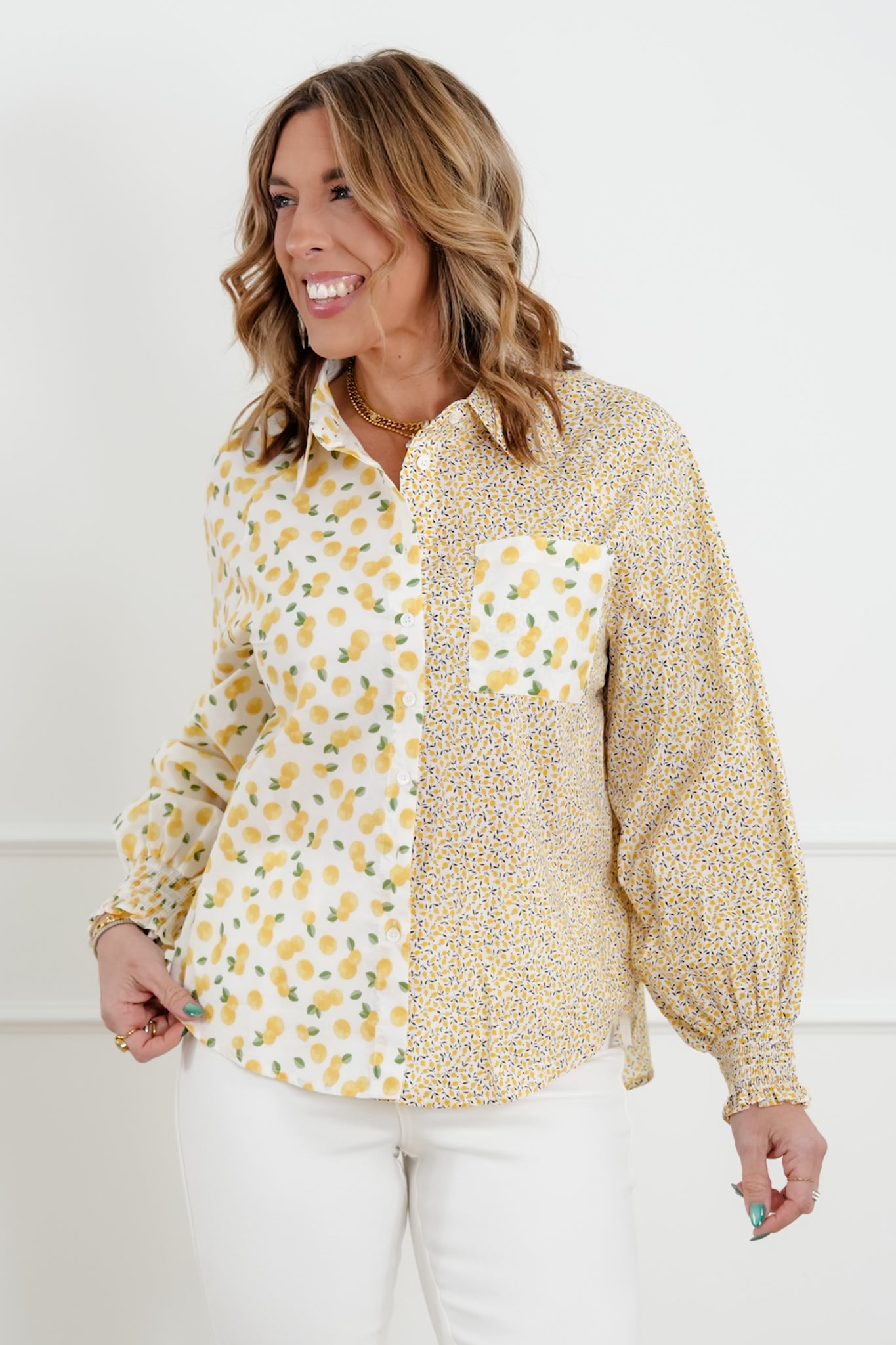 Lemon Print Long Sleeve Button Down Top