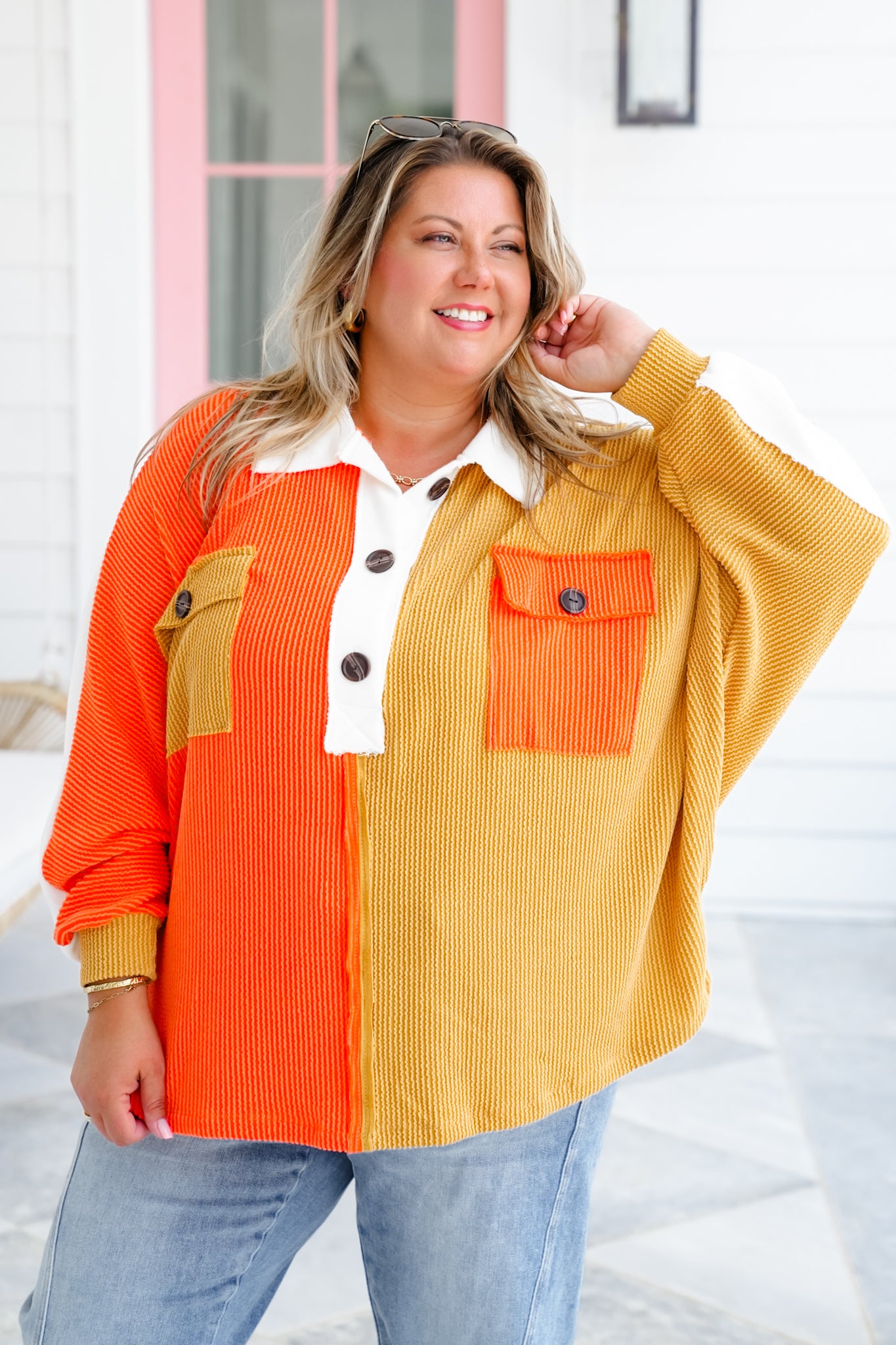 Urban Ribbed Color Block Long Sleeve Button Up Top