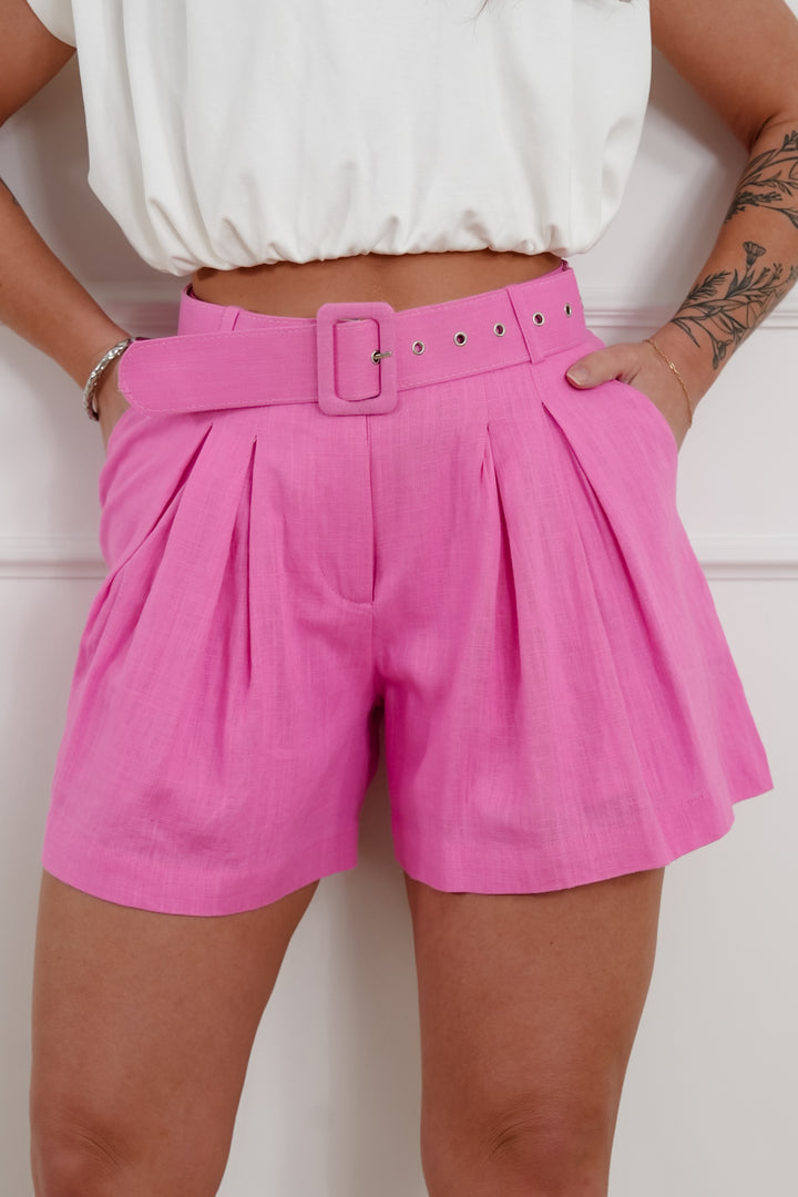 Pink Linen Blend Pleated Shorts with Belt