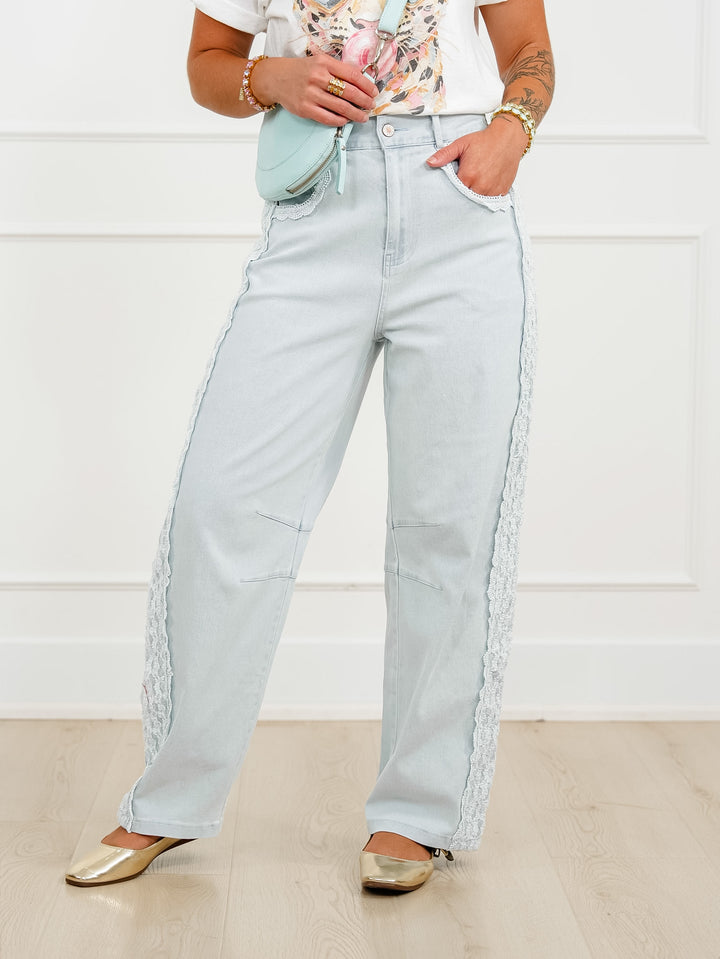 Plus/Reg Light Wash Barrel Pants with Lace Trim