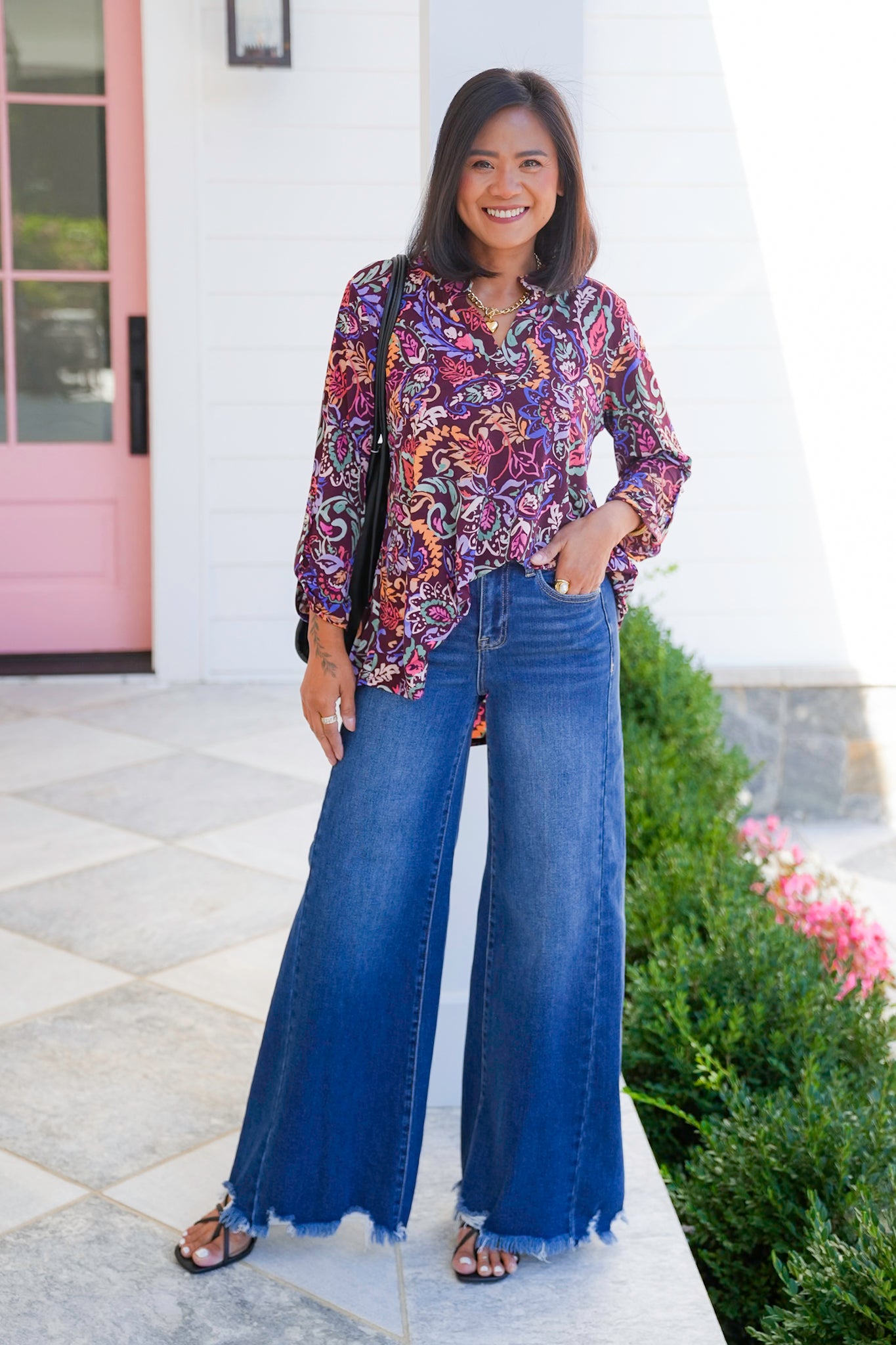Plus/Reg Maroon Floral Paisley 3/4 Sleeve Button Tab Top