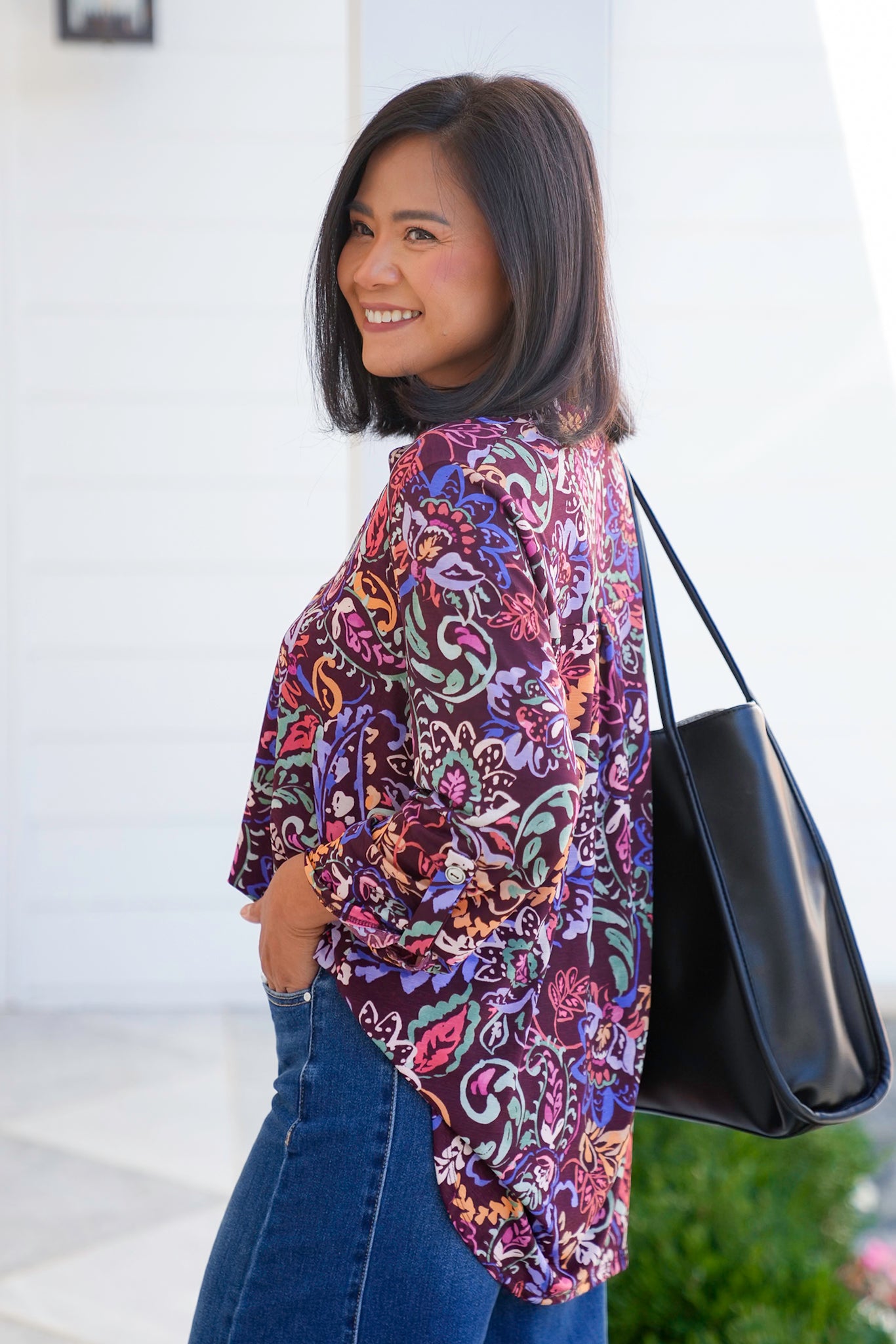 Plus/Reg Maroon Floral Paisley 3/4 Sleeve Button Tab Top