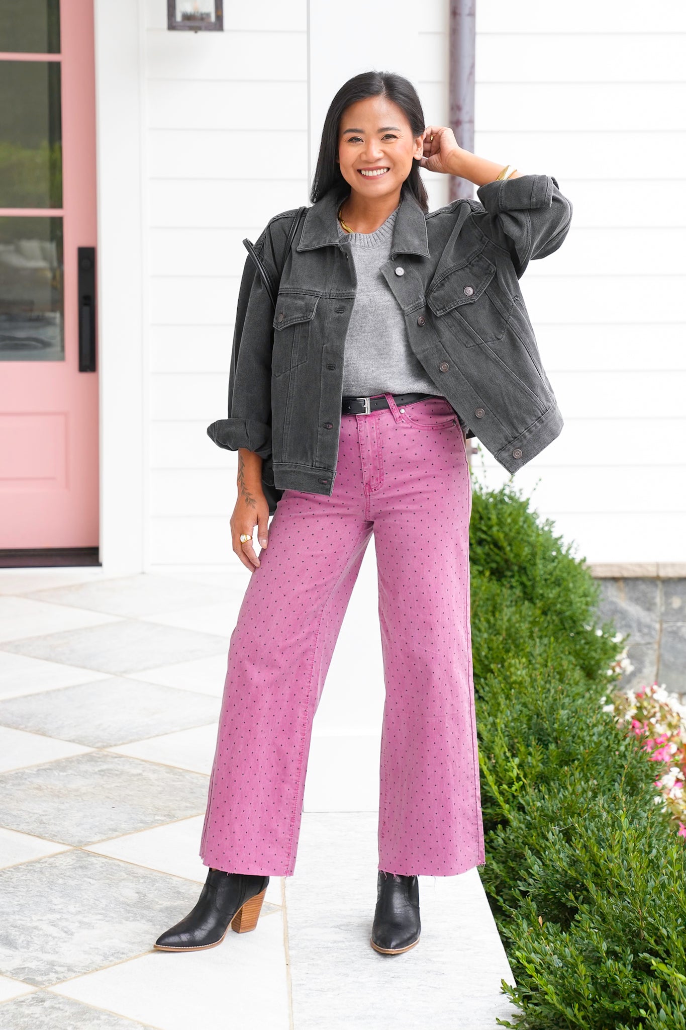 Polka Dot Straight Leg Twill Pants