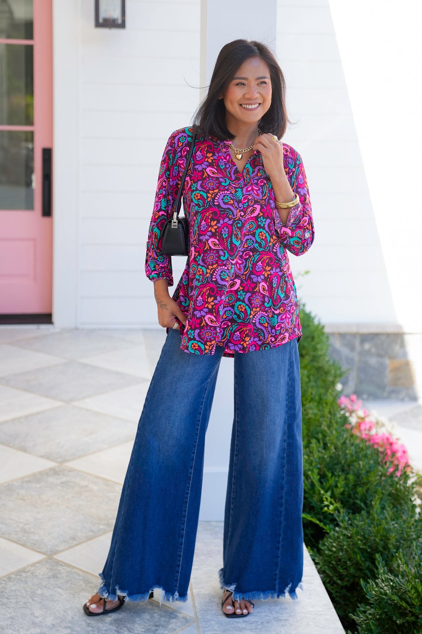 Plus/Reg Wine Floral Paisley 3/4 Sleeve Button Tab Top