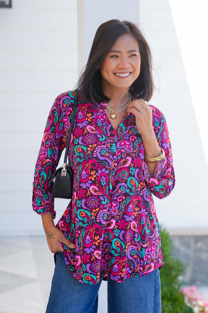 Plus/Reg Wine Floral Paisley 3/4 Sleeve Button Tab Top