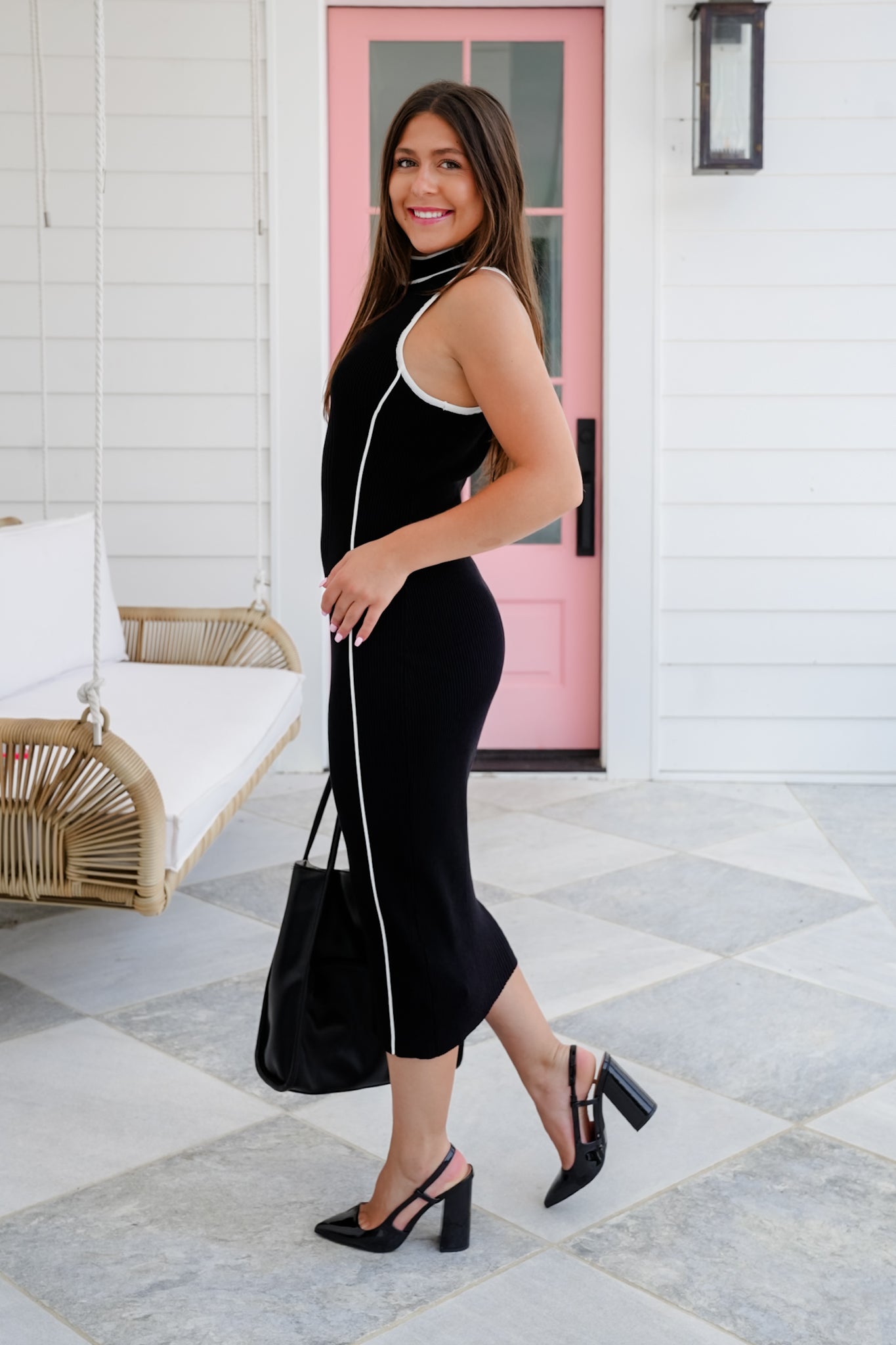 Sleeveless Ribbed Mock Neck Midi Dress with Trim Detail
