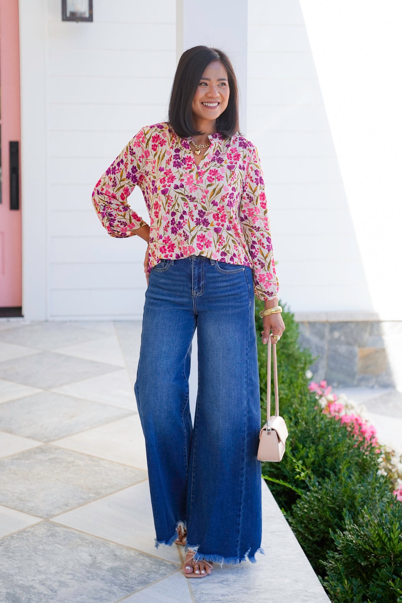 Plus/Reg Taupe Floral 3/4 Sleeve Button Tab Top