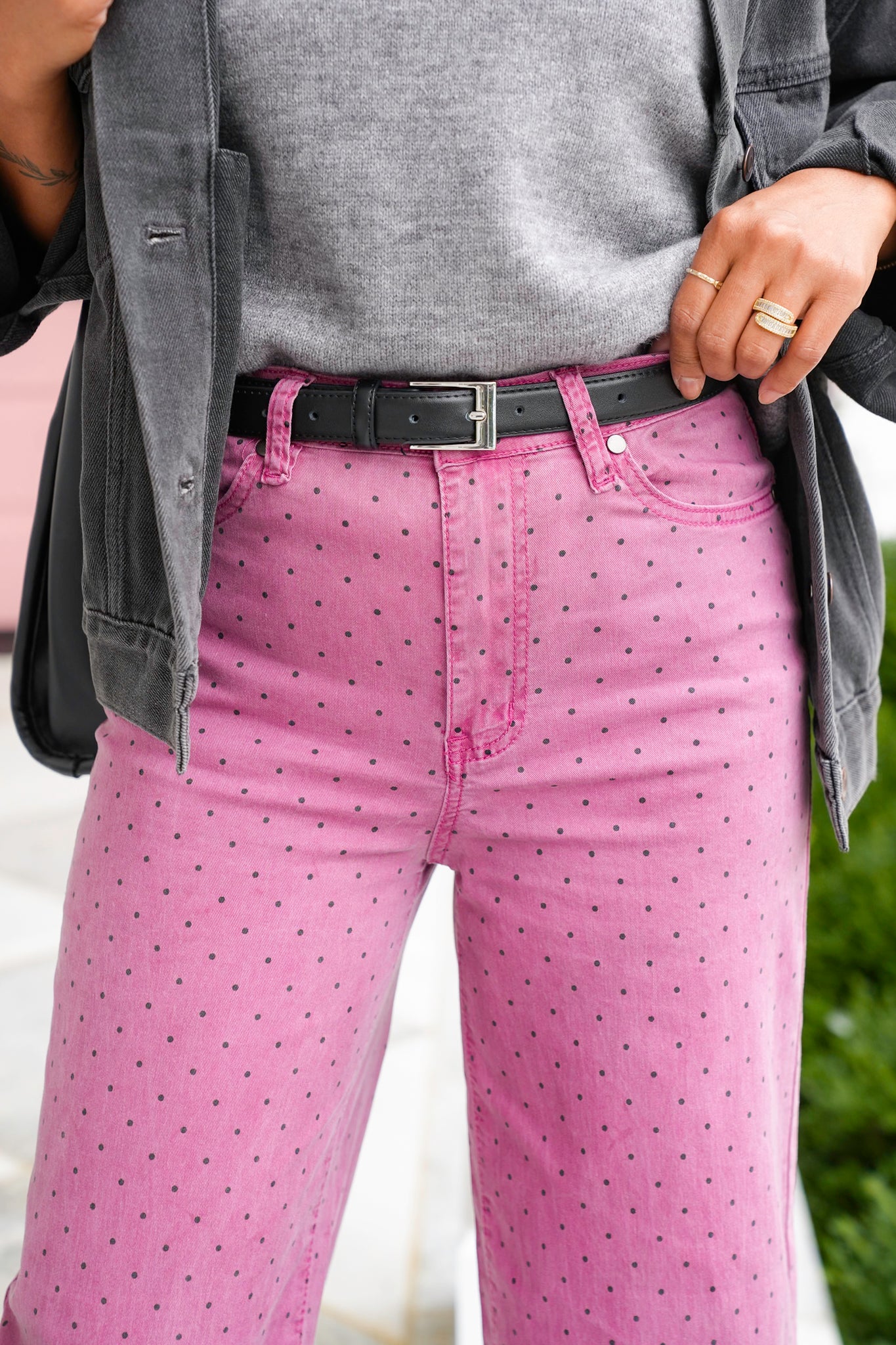 Polka Dot Straight Leg Twill Pants