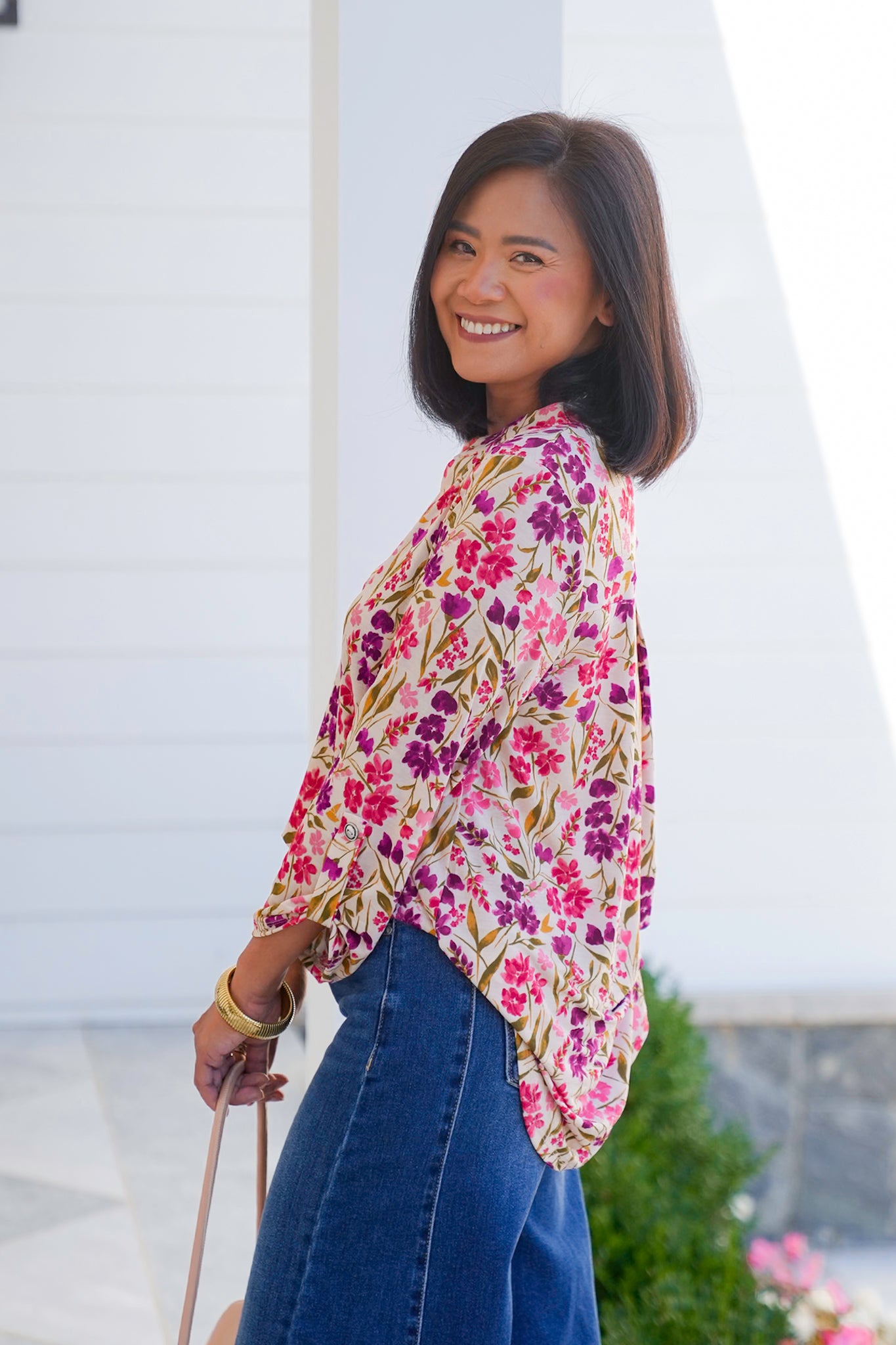 Plus/Reg Taupe Floral 3/4 Sleeve Button Tab Top
