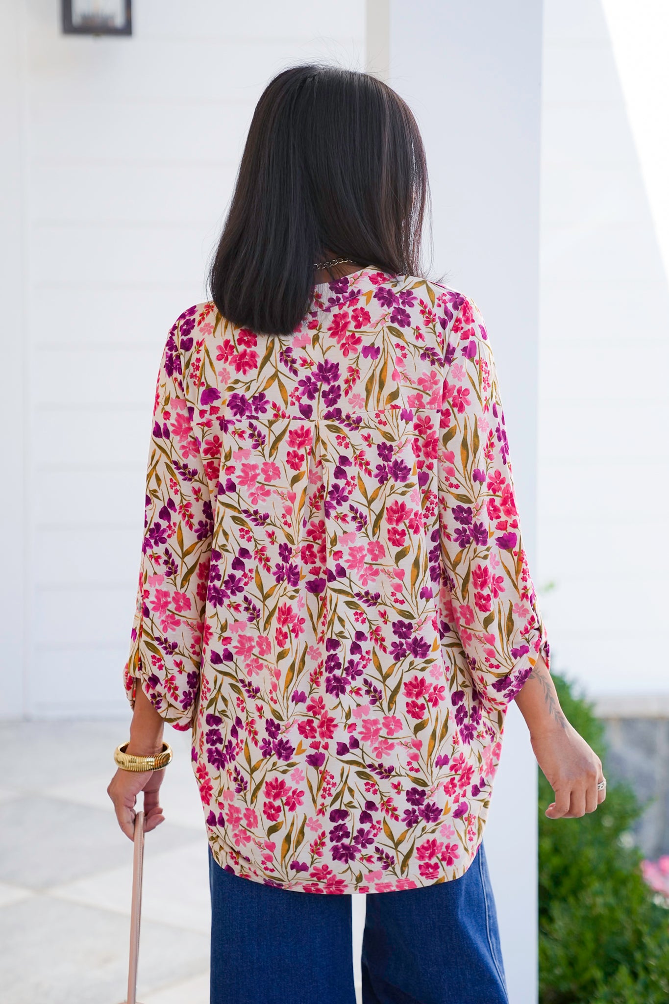 Plus/Reg Taupe Floral 3/4 Sleeve Button Tab Top