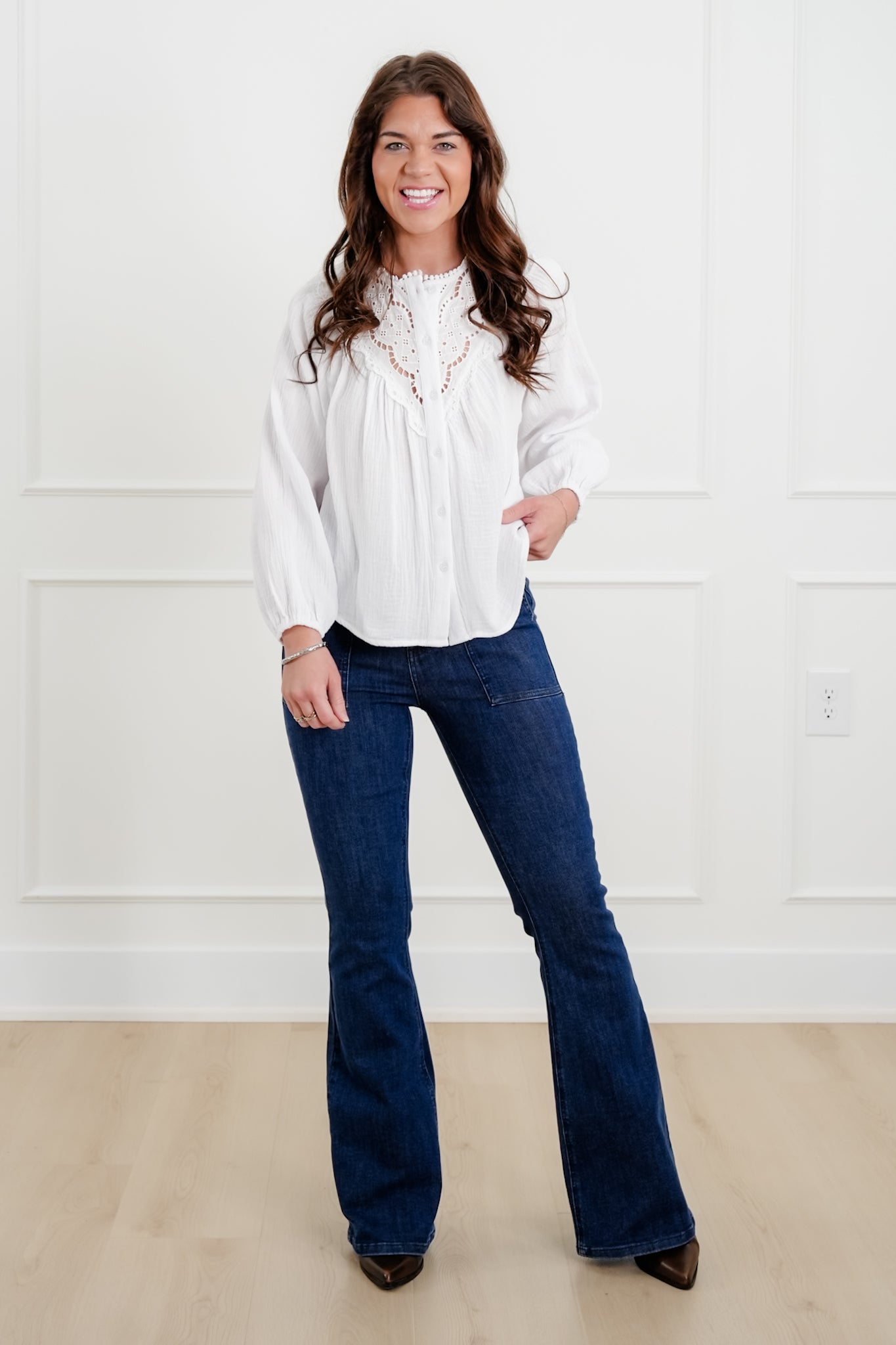 White Gauze Long Sleeve Button Down Top with Lace Trim