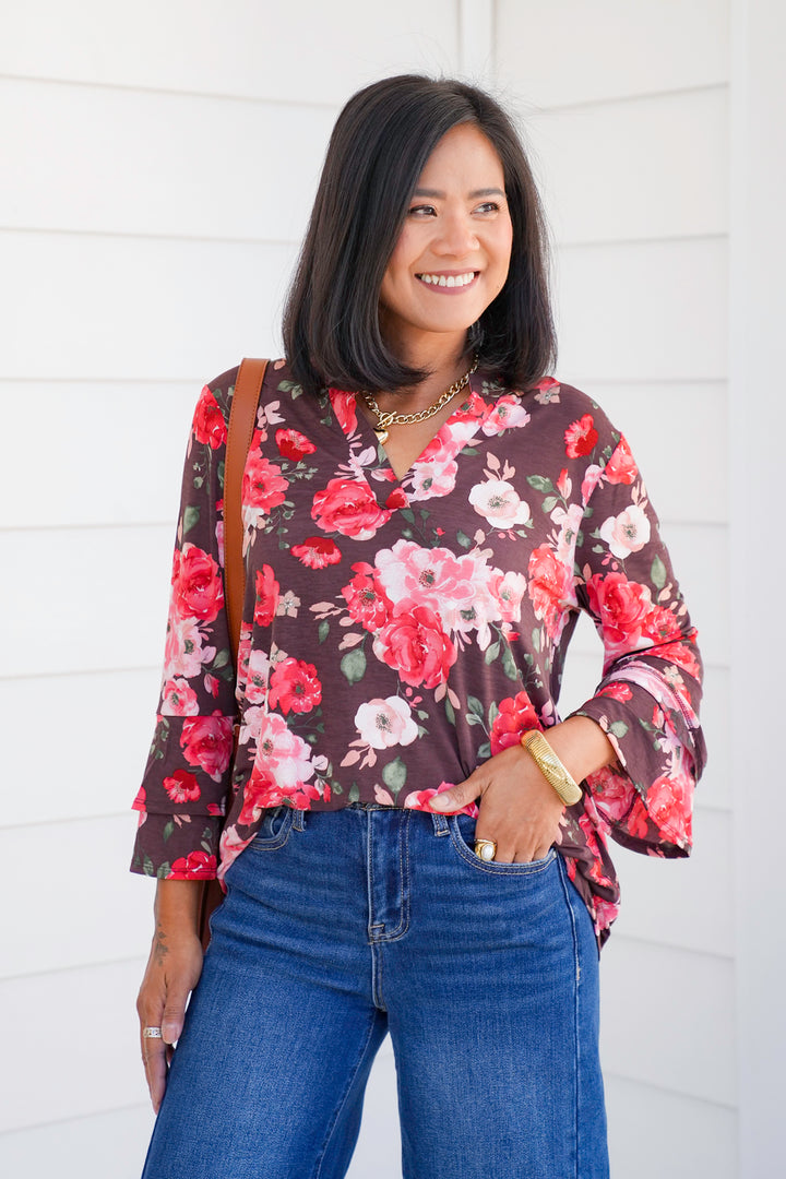 Plus/Reg Chocolate Floral Long Bell Sleeve Tunic Top