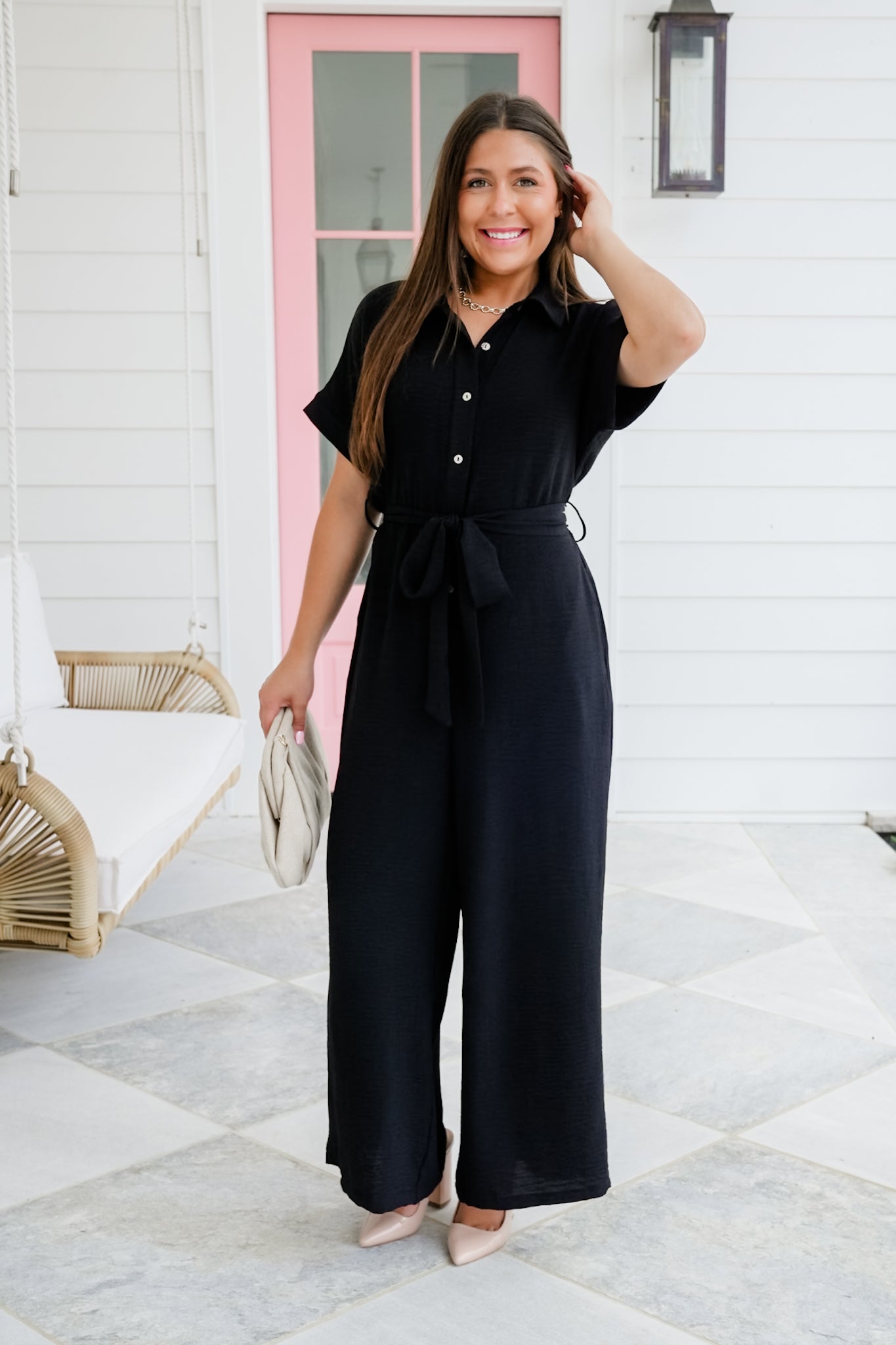 Short Sleeve Button Up Wide Leg Jumpsuit