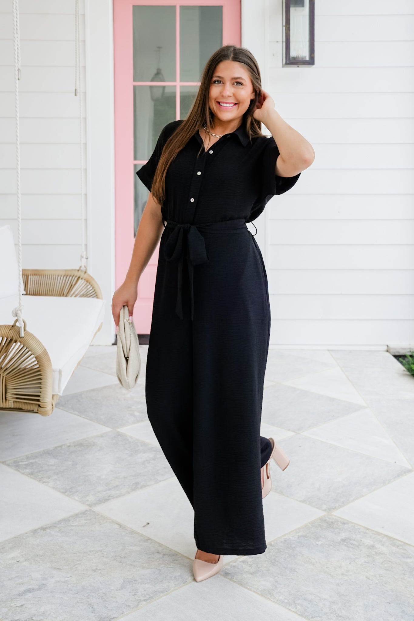 Short Sleeve Button Up Wide Leg Jumpsuit