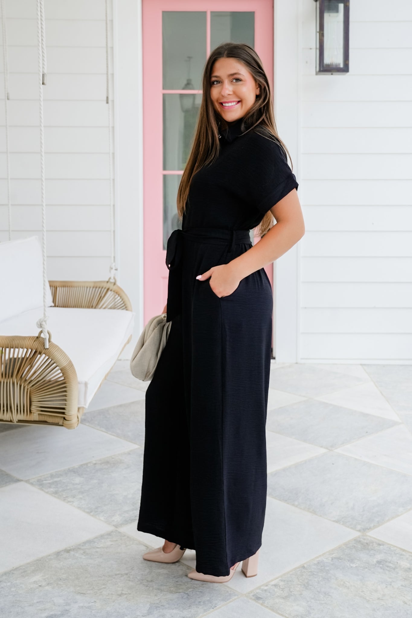 Short Sleeve Button Up Wide Leg Jumpsuit