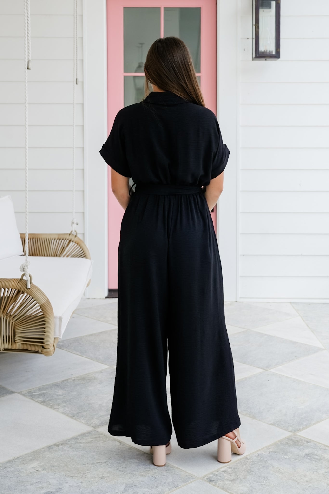 Short Sleeve Button Up Wide Leg Jumpsuit
