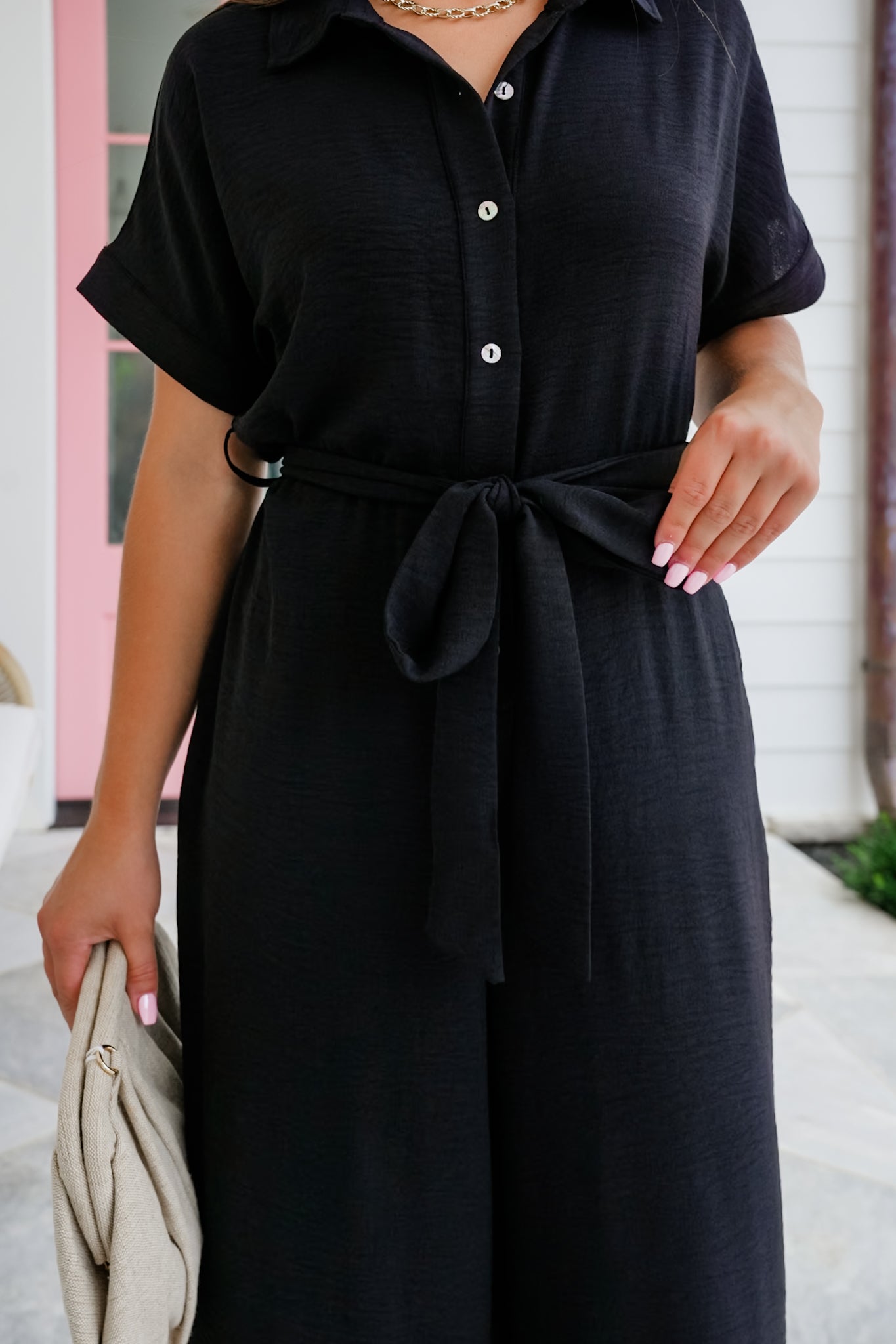Short Sleeve Button Up Wide Leg Jumpsuit