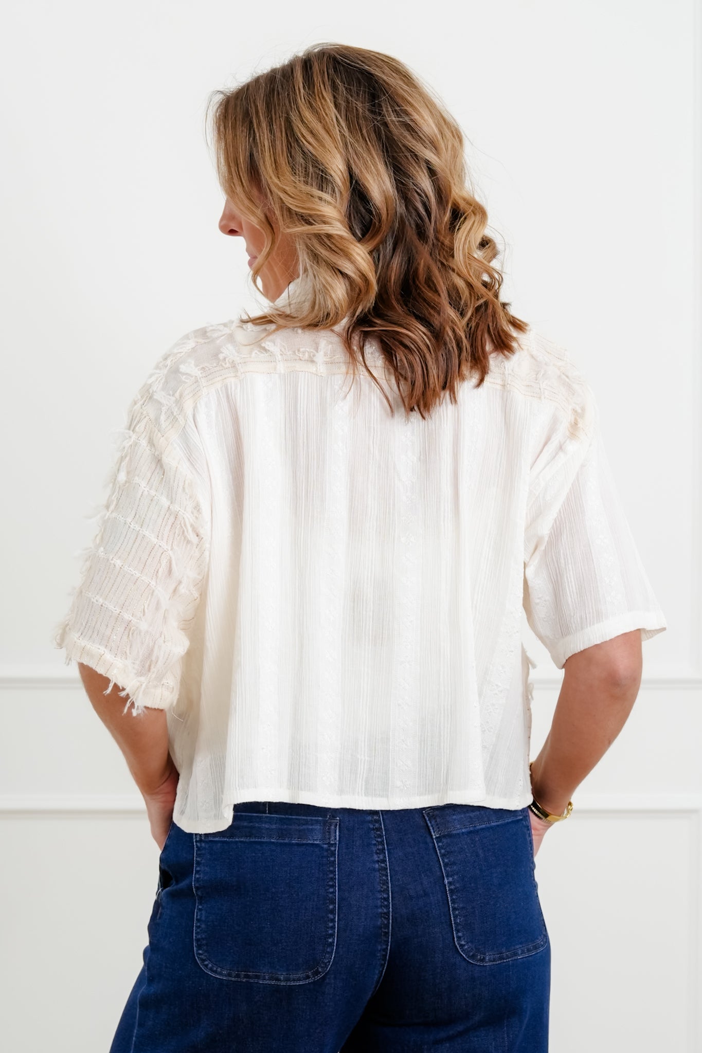 POL Textured Short Sleeve Button Up Blouse