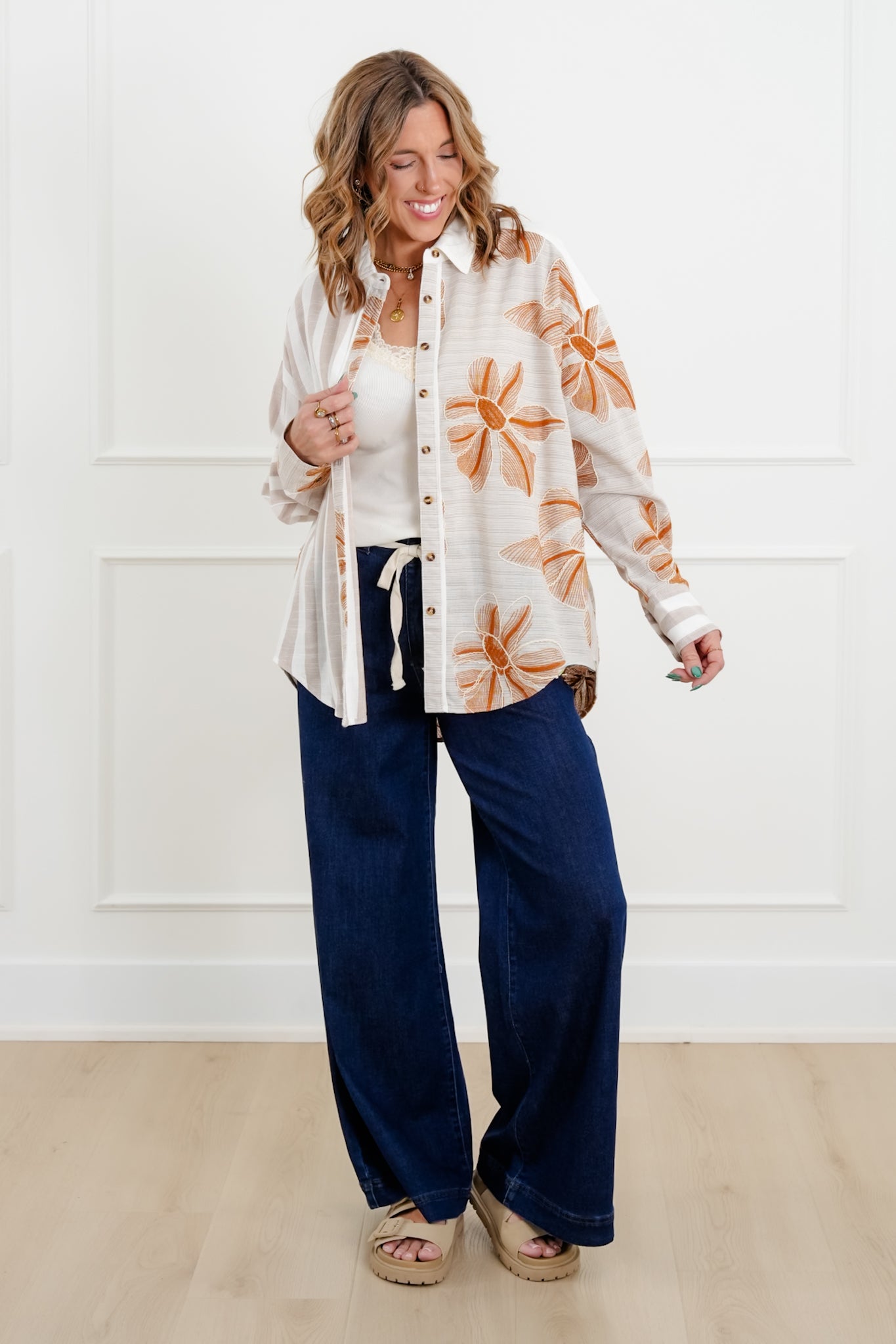 Plus/Reg Mixed Print Long Sleeve Button Down Top