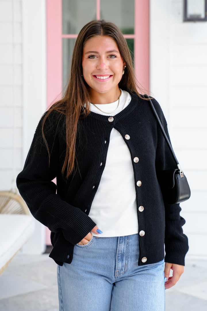 Black Ribbed Long Sleeve Button Down Cardigan