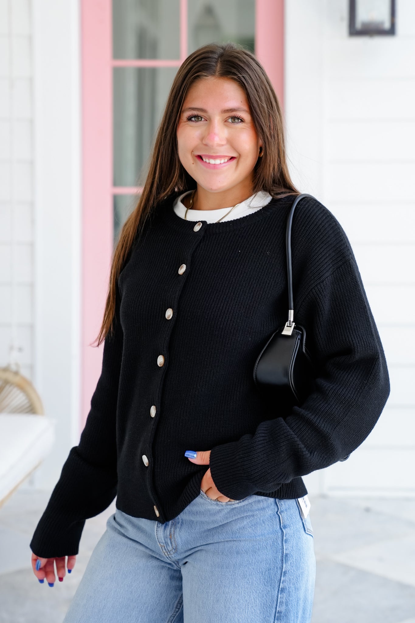 Black Ribbed Long Sleeve Button Down Cardigan
