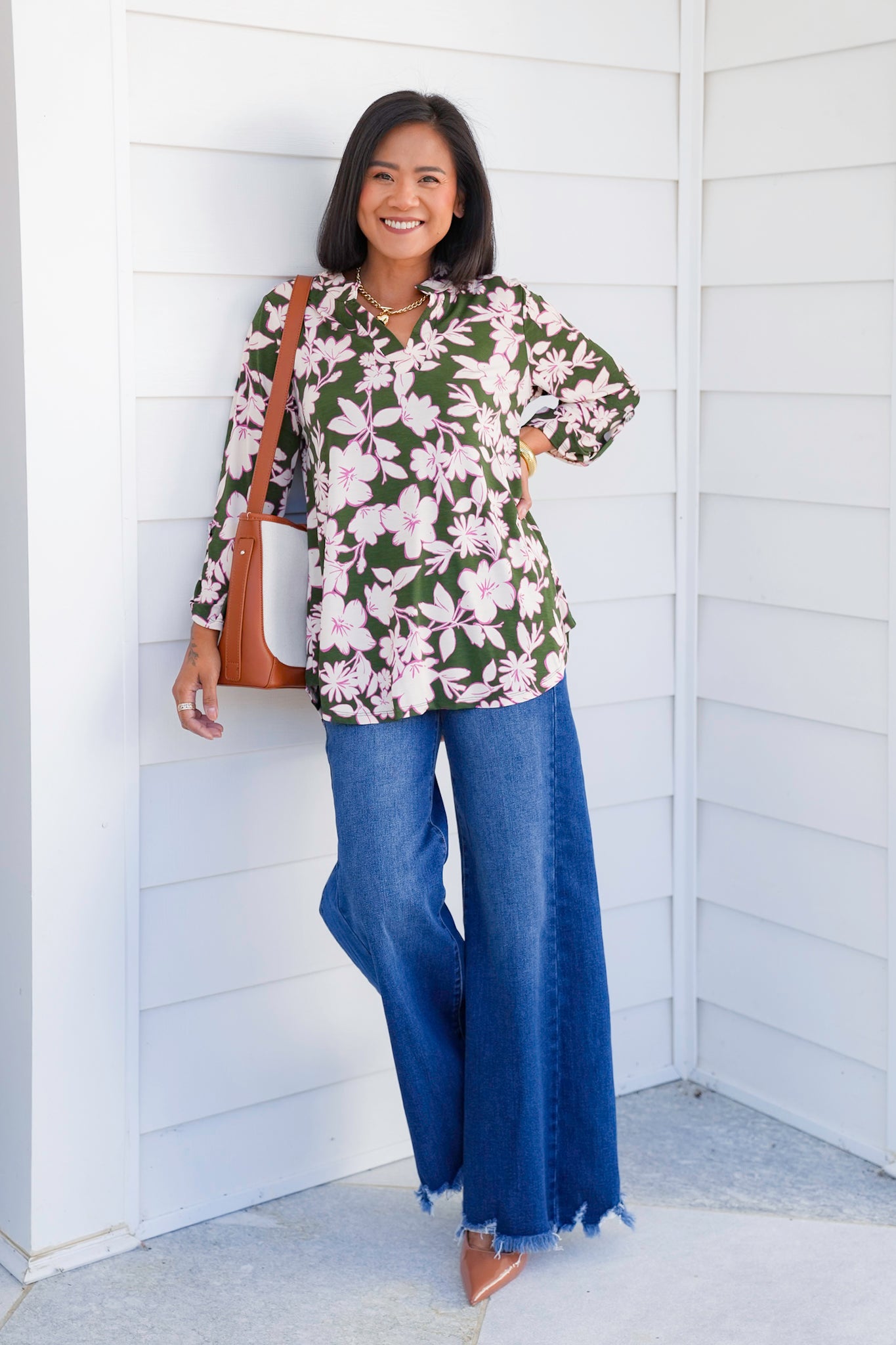 Plus/Reg Olive Floral 3/4 Button Tab Sleeve Tunic Top
