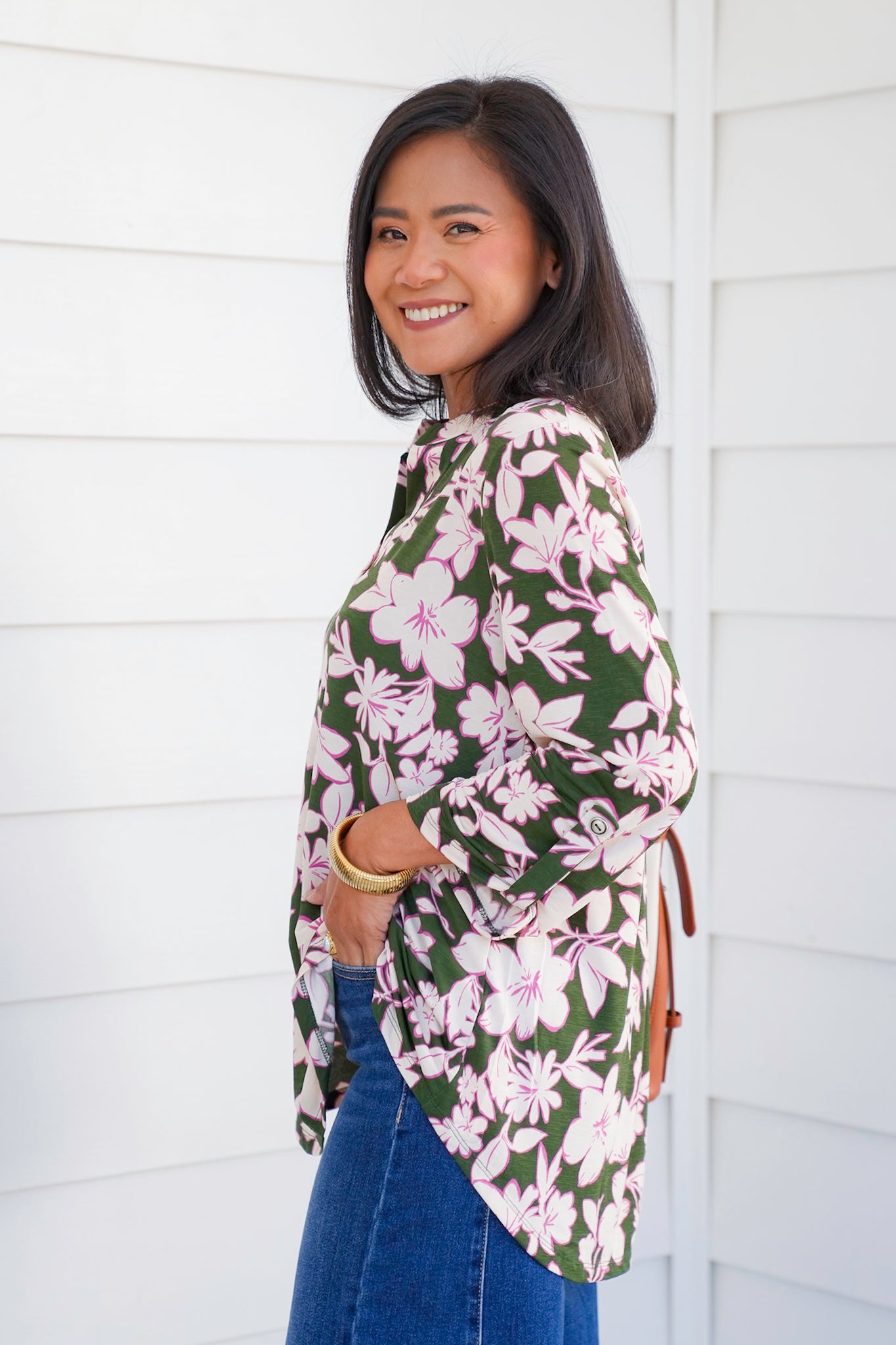 Plus/Reg Olive Floral 3/4 Button Tab Sleeve Tunic Top