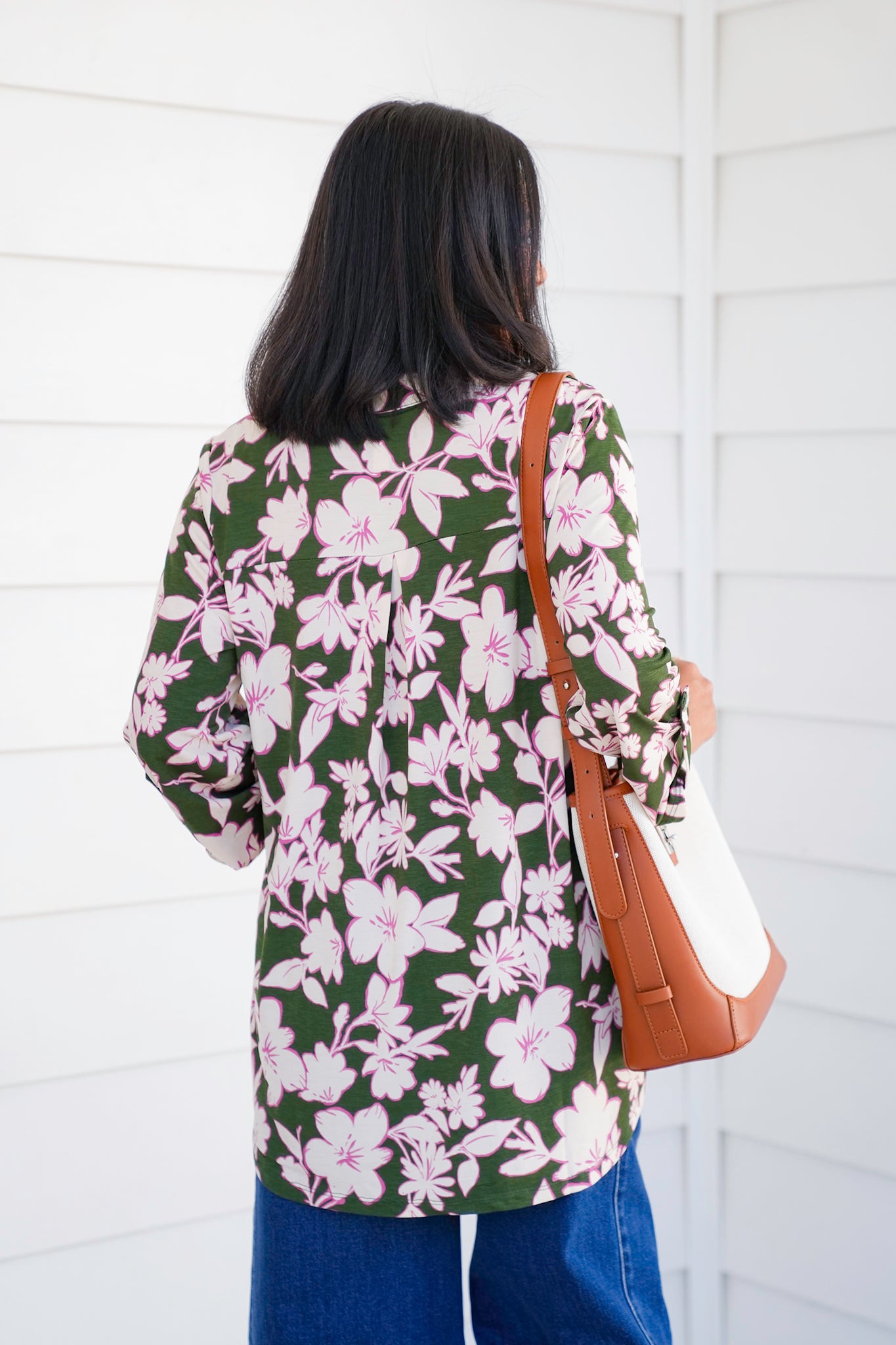 Plus/Reg Olive Floral 3/4 Button Tab Sleeve Tunic Top