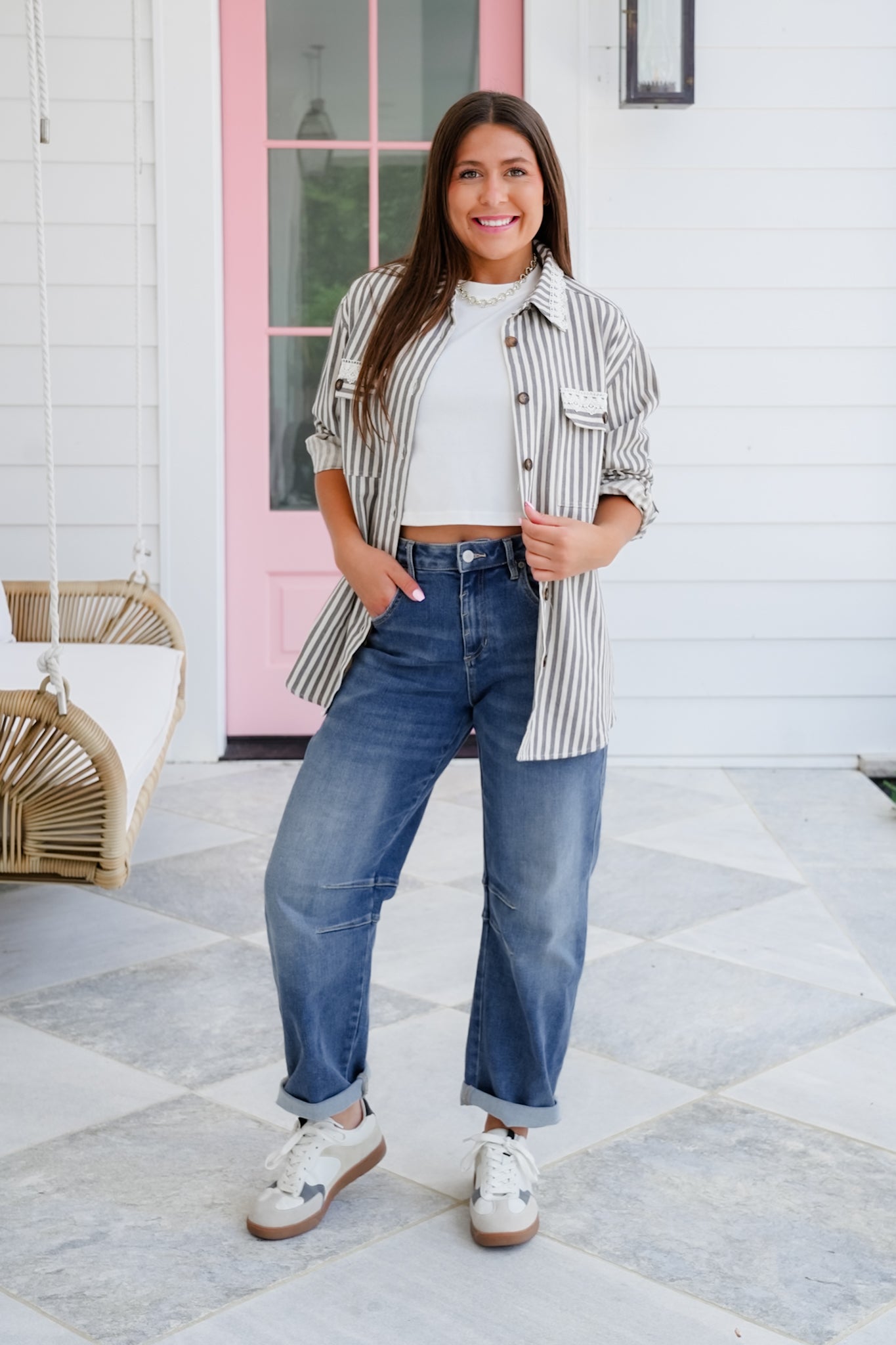 Stripe Long Sleeve Button Down Shacket with Lace Detail
