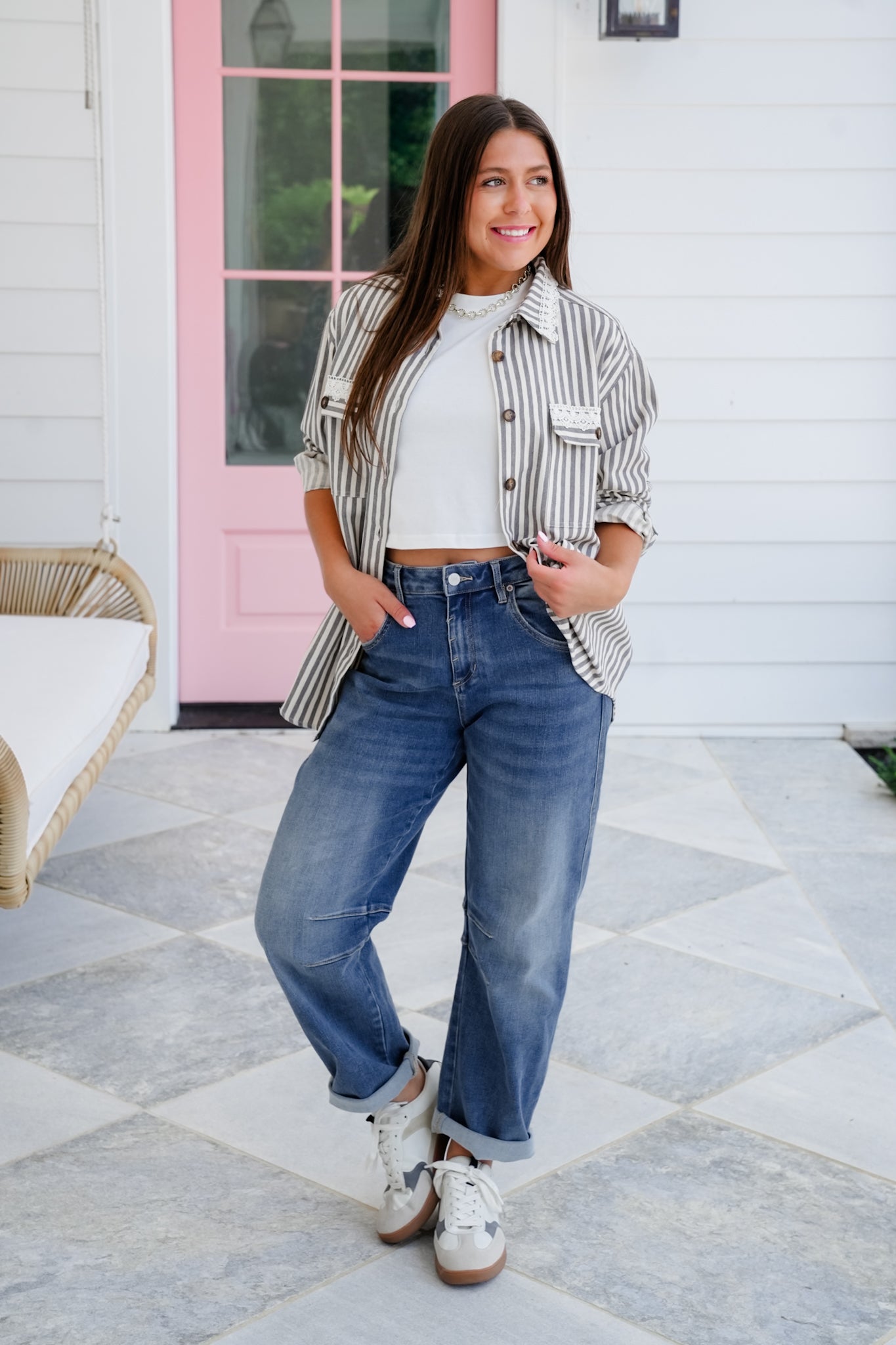 Stripe Long Sleeve Button Down Shacket with Lace Detail