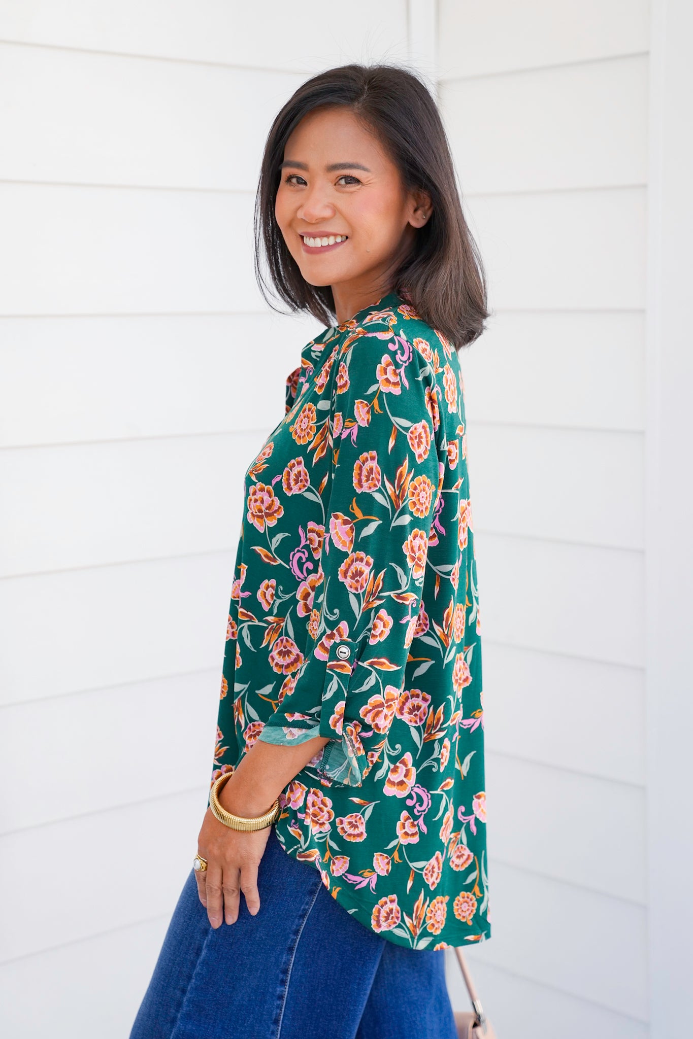 Plus/Reg Green Floral 3/4 Button Tab Sleeve Tunic Top