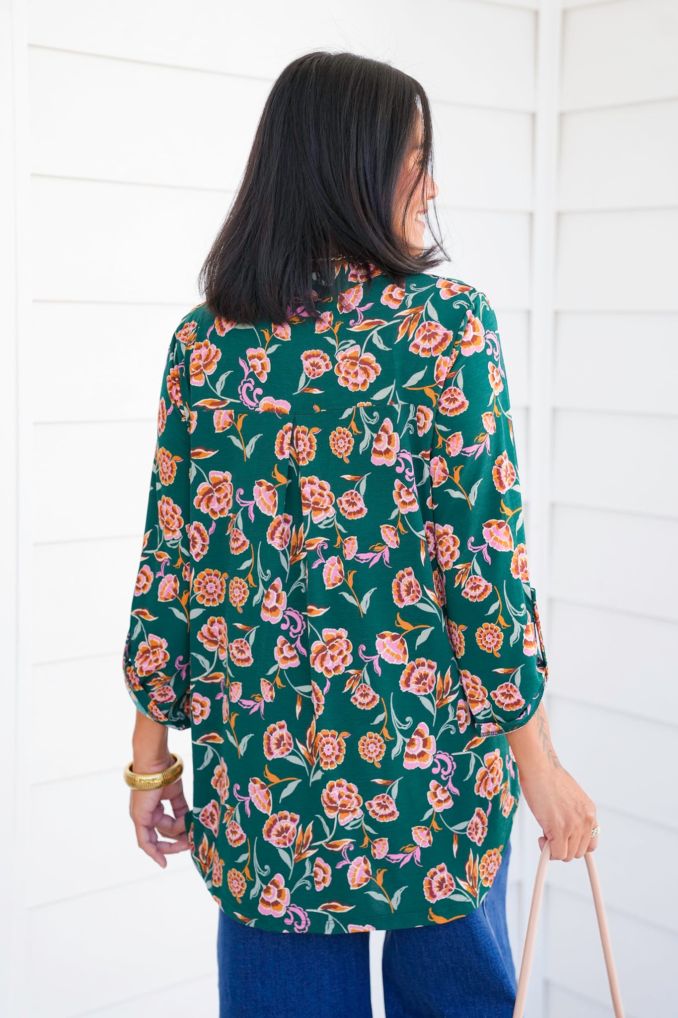 Plus/Reg Green Floral 3/4 Button Tab Sleeve Tunic Top