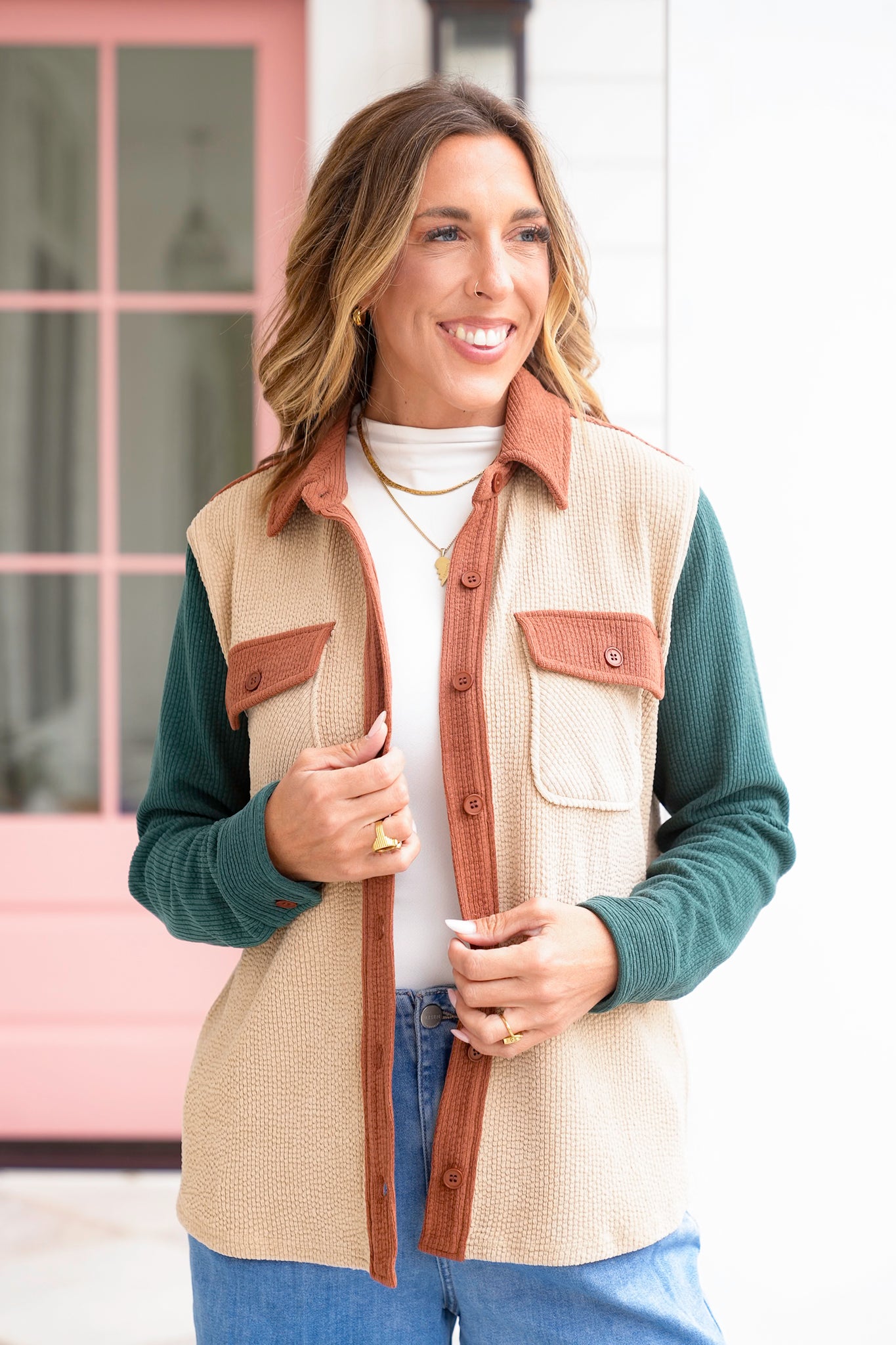 Color Block Corduroy Button Down Shacket