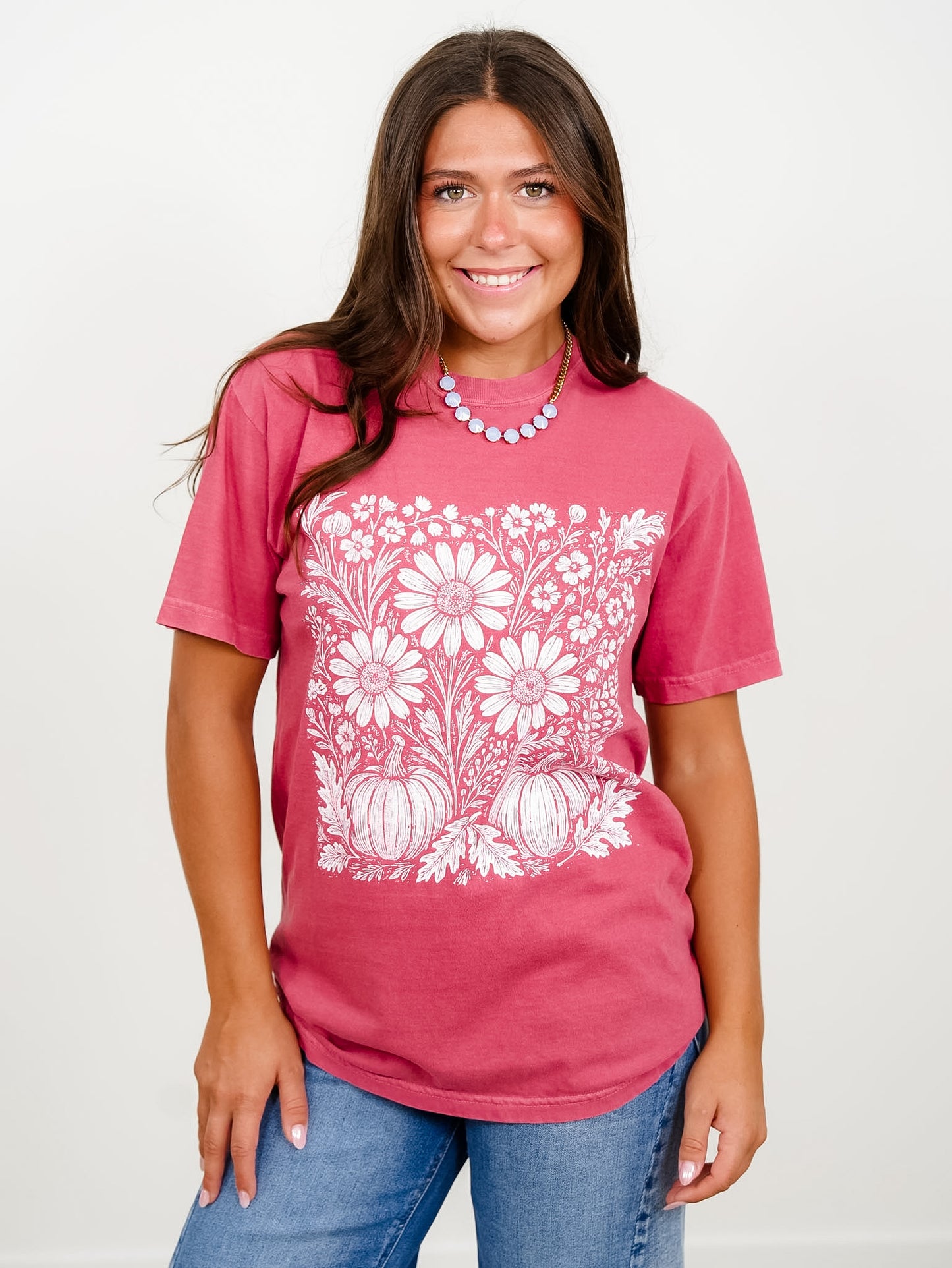 Plus/Reg Short Sleeve Autumn Flowers and Pumpkin Graphic Tee - Freckled Poppy