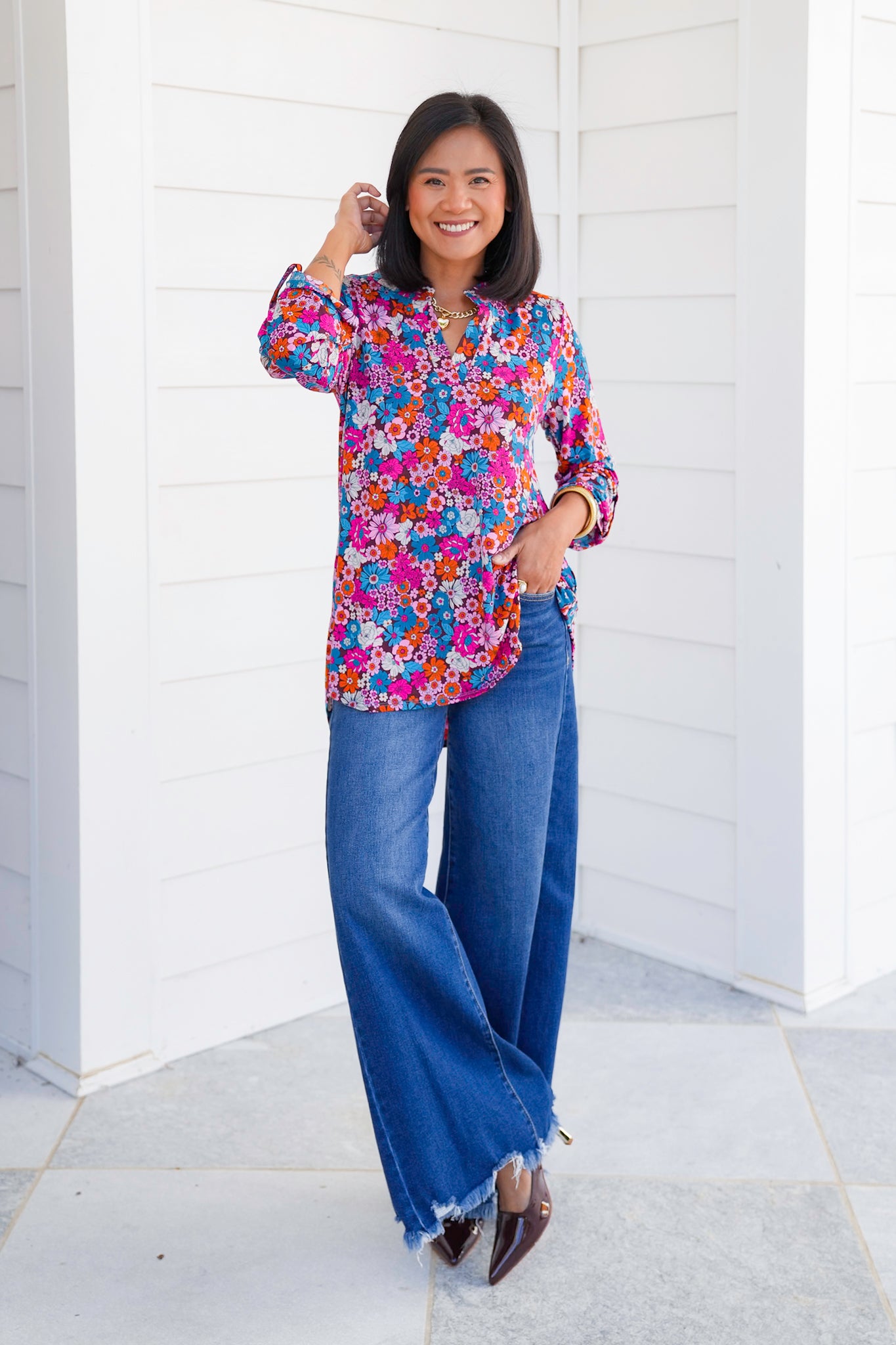 Plus/Reg Chocolate Floral 3/4 Button Tab Sleeve Tunic Top