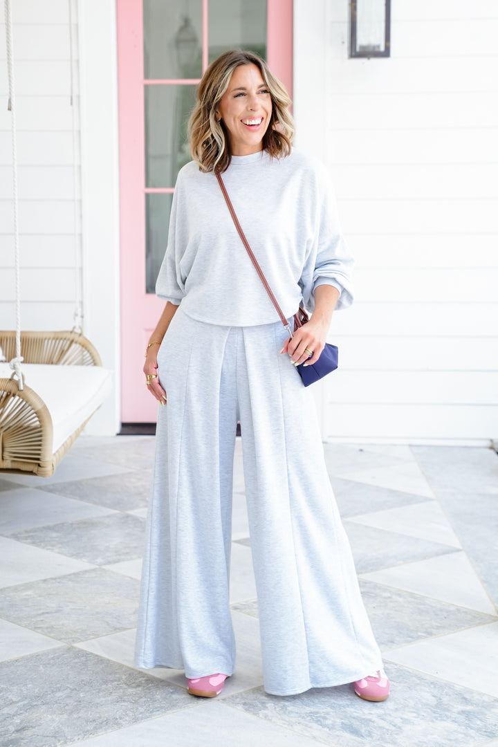 Plus/Reg Solid Long Sleeve Top and Wide Leg Pants Set
