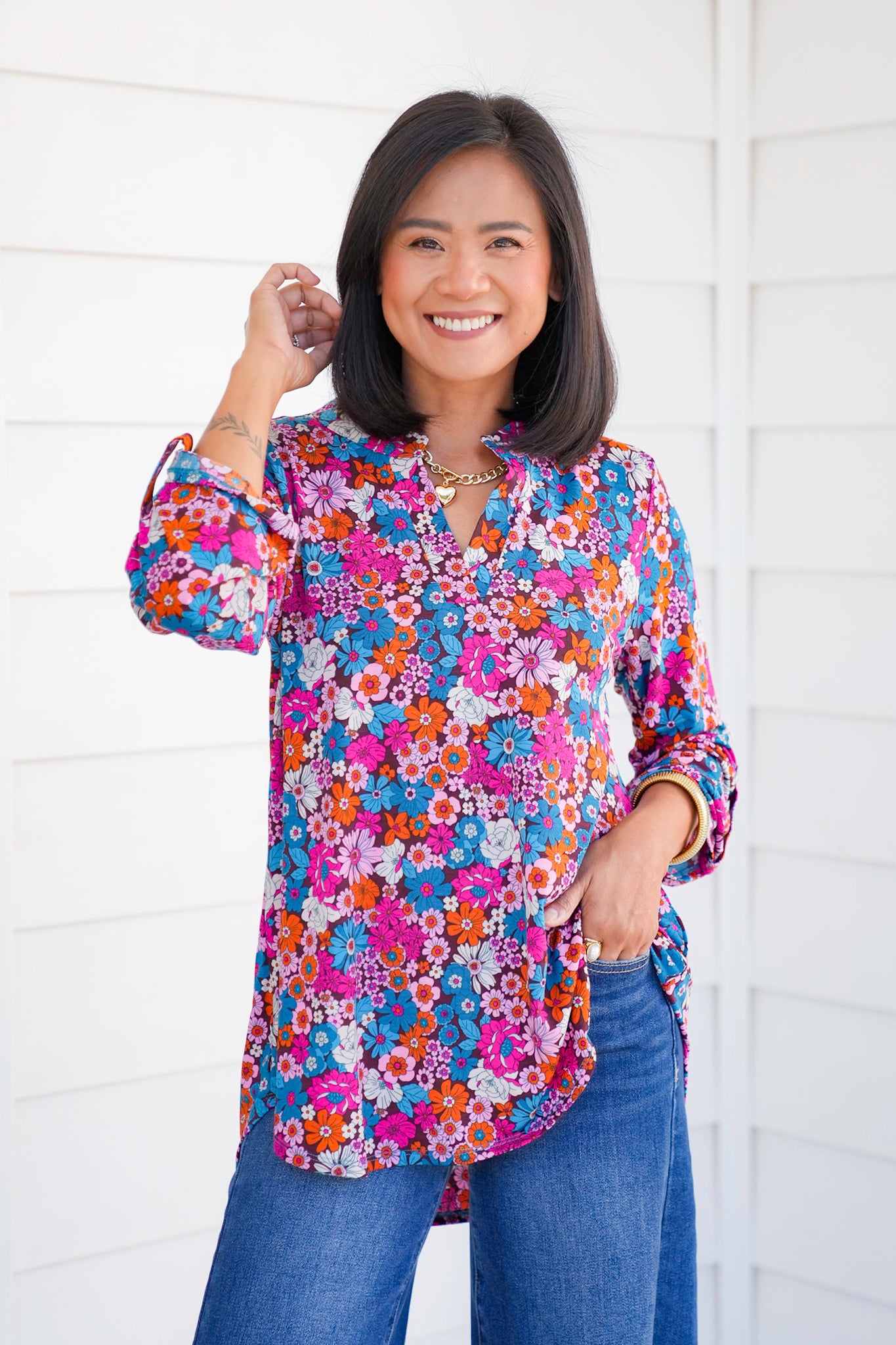 Plus/Reg Chocolate Floral 3/4 Button Tab Sleeve Tunic Top