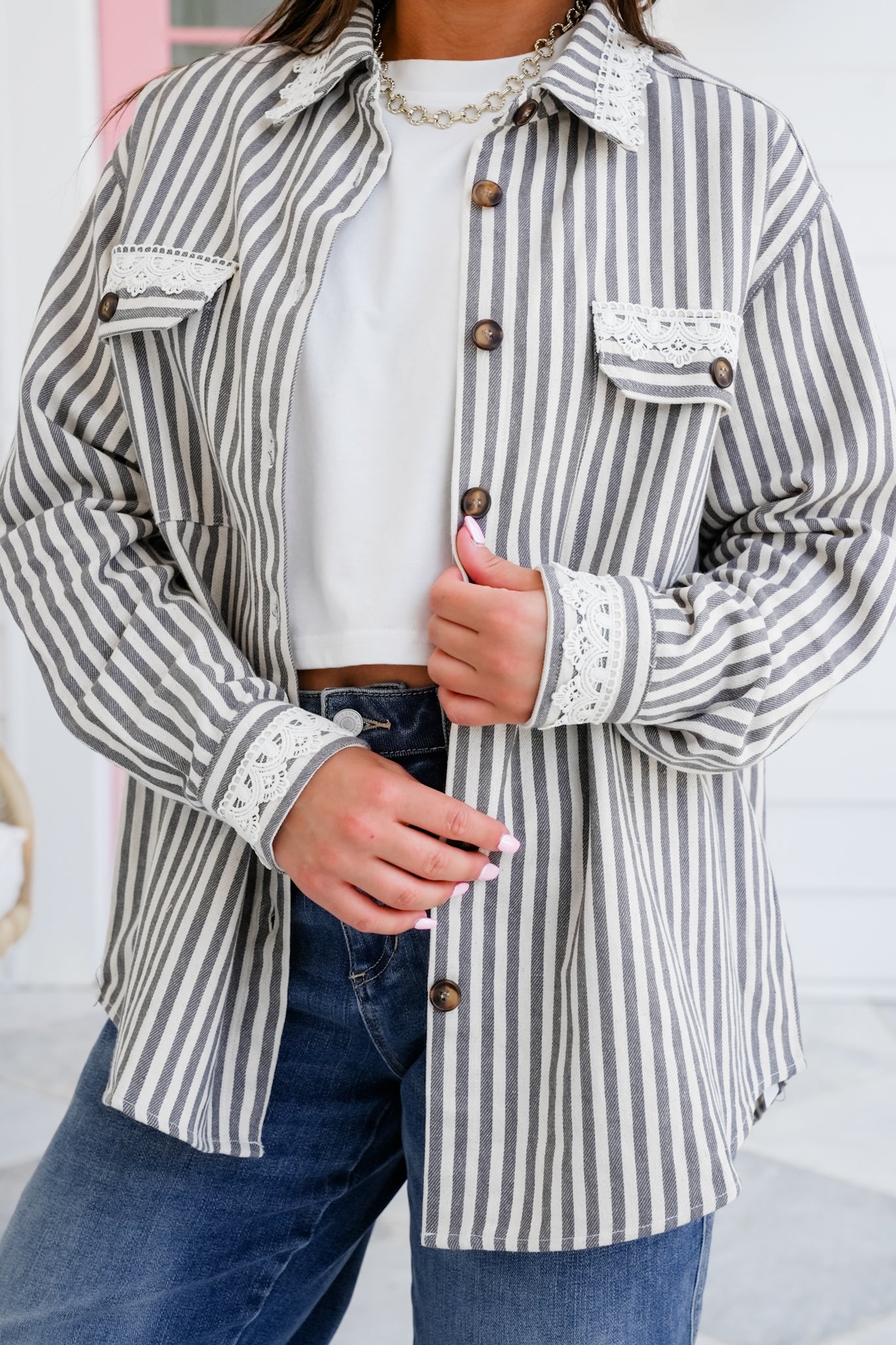 Stripe Long Sleeve Button Down Shacket with Lace Detail