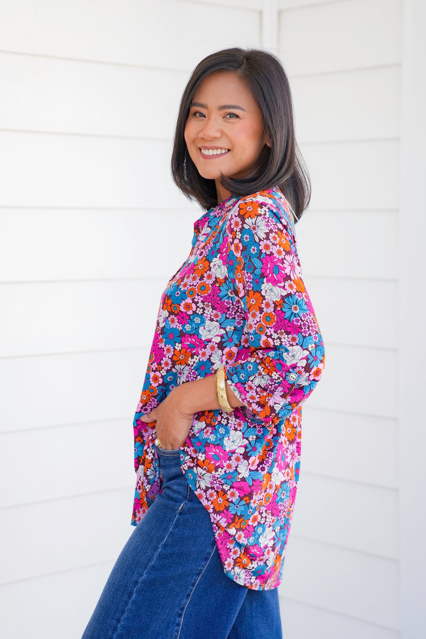Plus/Reg Chocolate Floral 3/4 Button Tab Sleeve Tunic Top