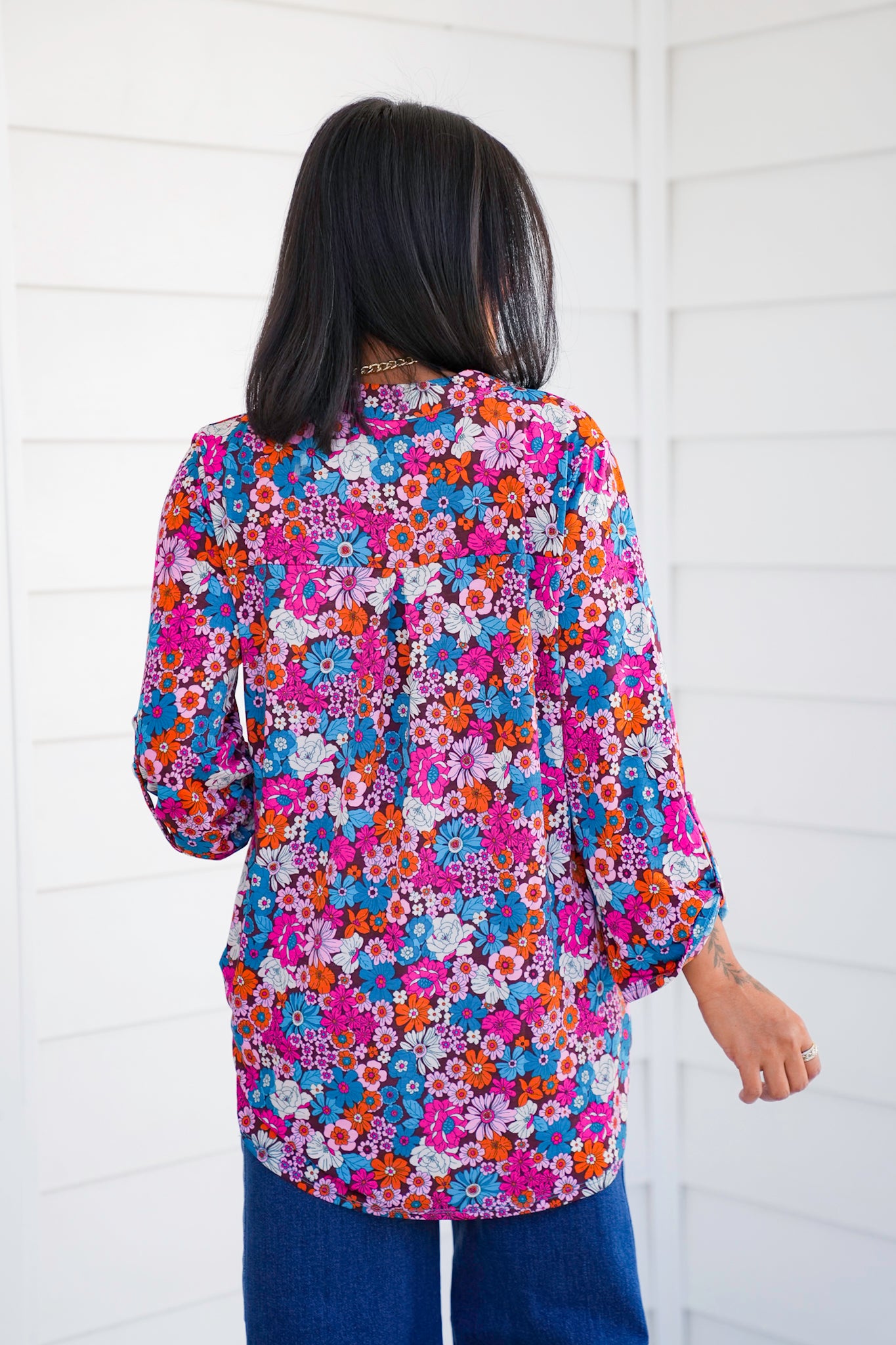 Plus/Reg Chocolate Floral 3/4 Button Tab Sleeve Tunic Top