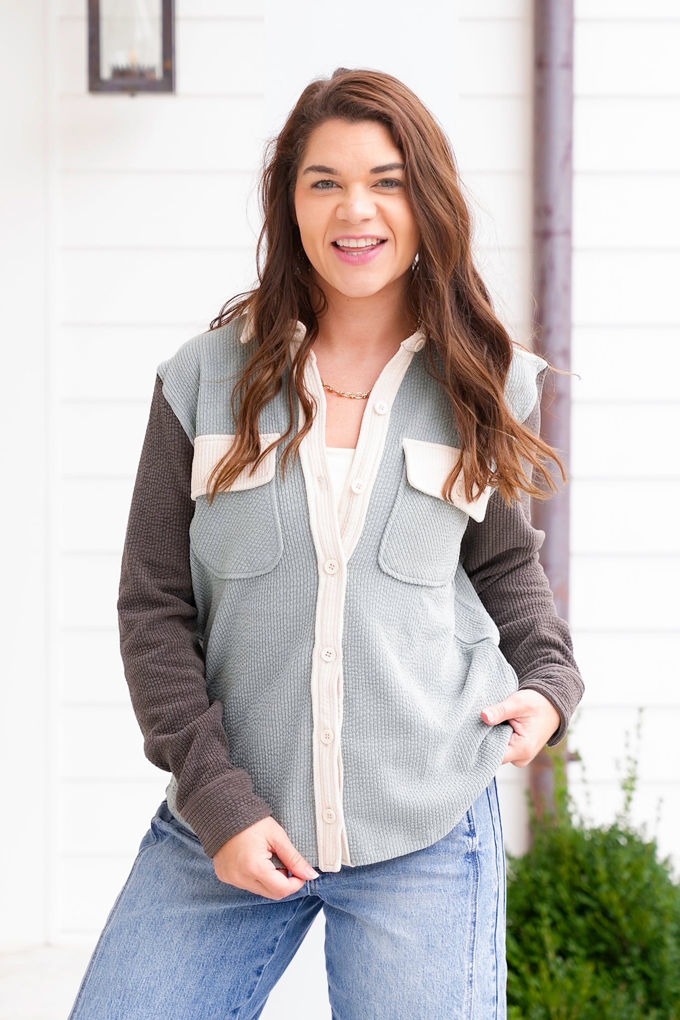 Color Block Corduroy Button Down Shacket