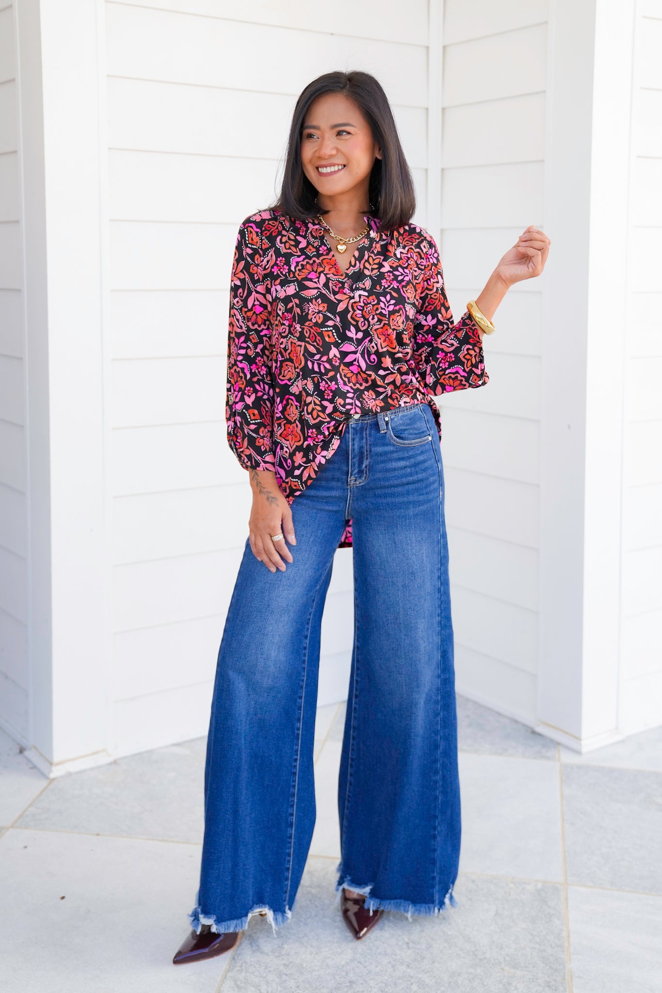 Plus/Reg Floral 3/4 Button Tab Sleeve Tunic Top