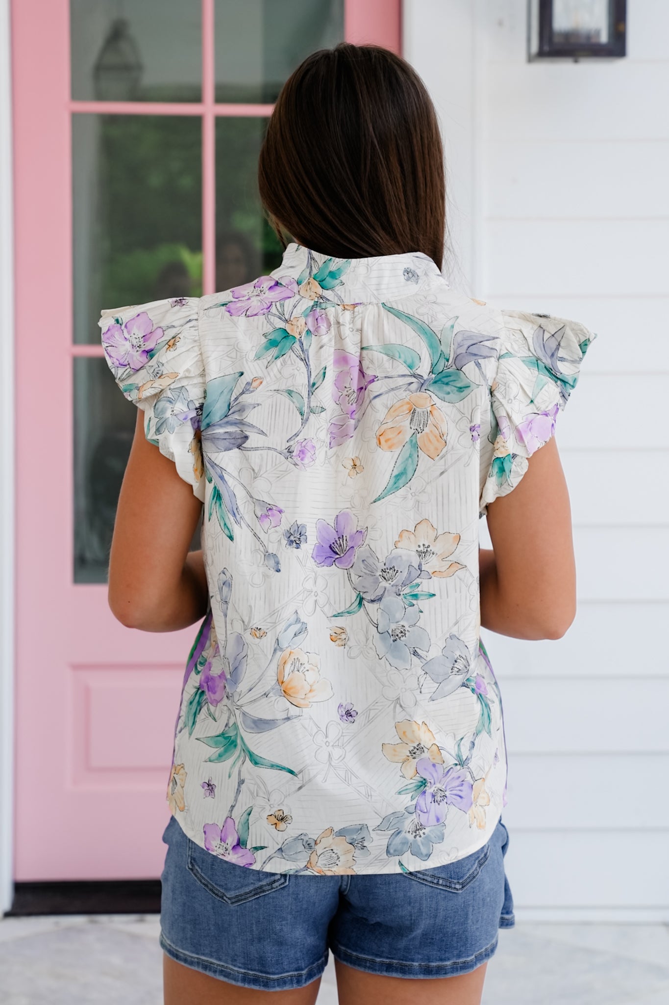 Floral Print Ruffle Sleeve Split Neck Top with Trim Detail