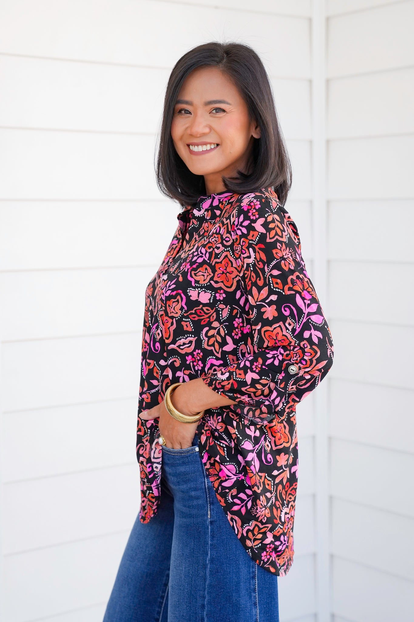 Plus/Reg Floral 3/4 Button Tab Sleeve Tunic Top