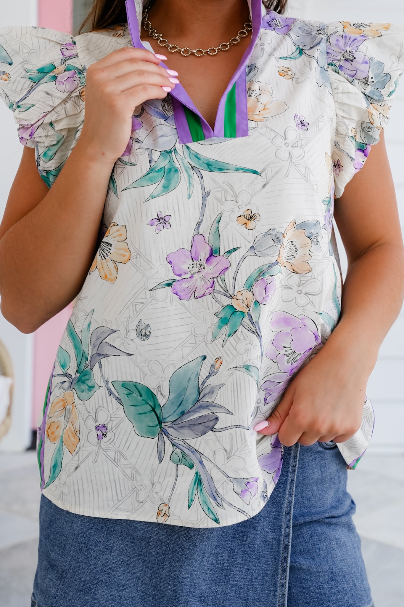 Floral Print Ruffle Sleeve Split Neck Top with Trim Detail
