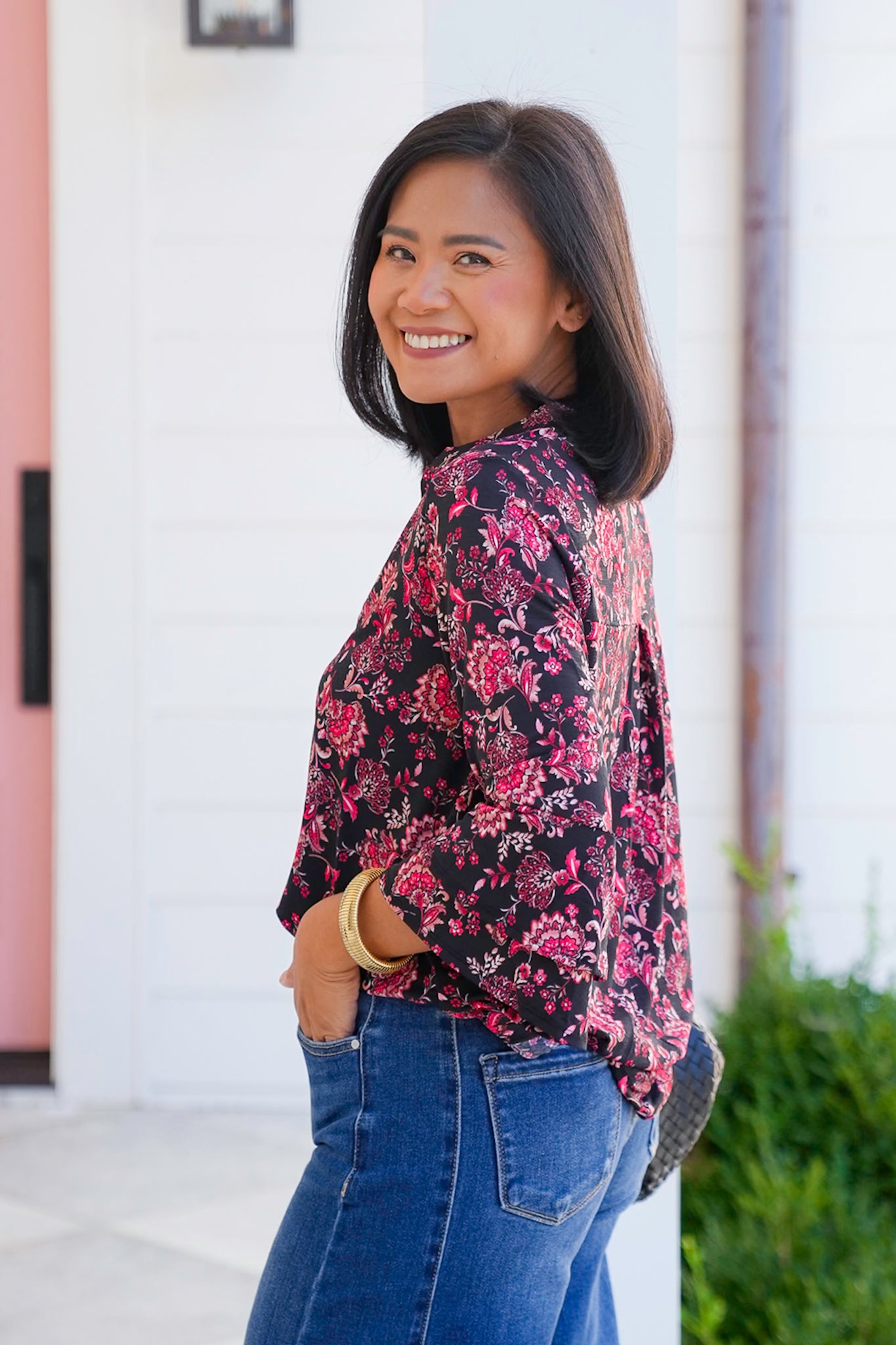 Plus/Reg Black Floral 3/4 Bell Sleeve Tunic Top